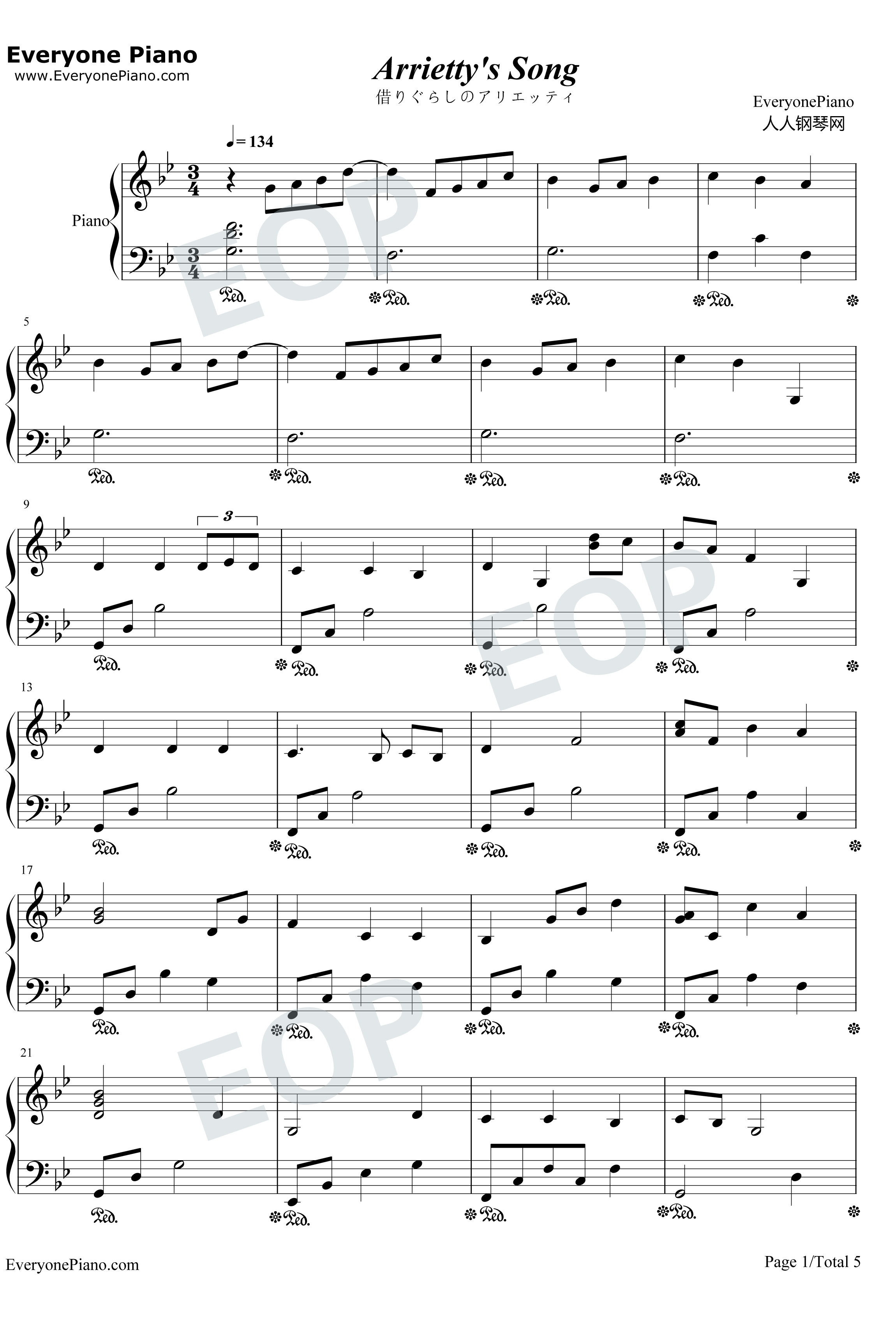 Arrietty's Song钢琴谱-塞西尔·科贝尔セシルコルベル宫崎骏-借东西的小人阿莉埃蒂-宫崎骏动画1