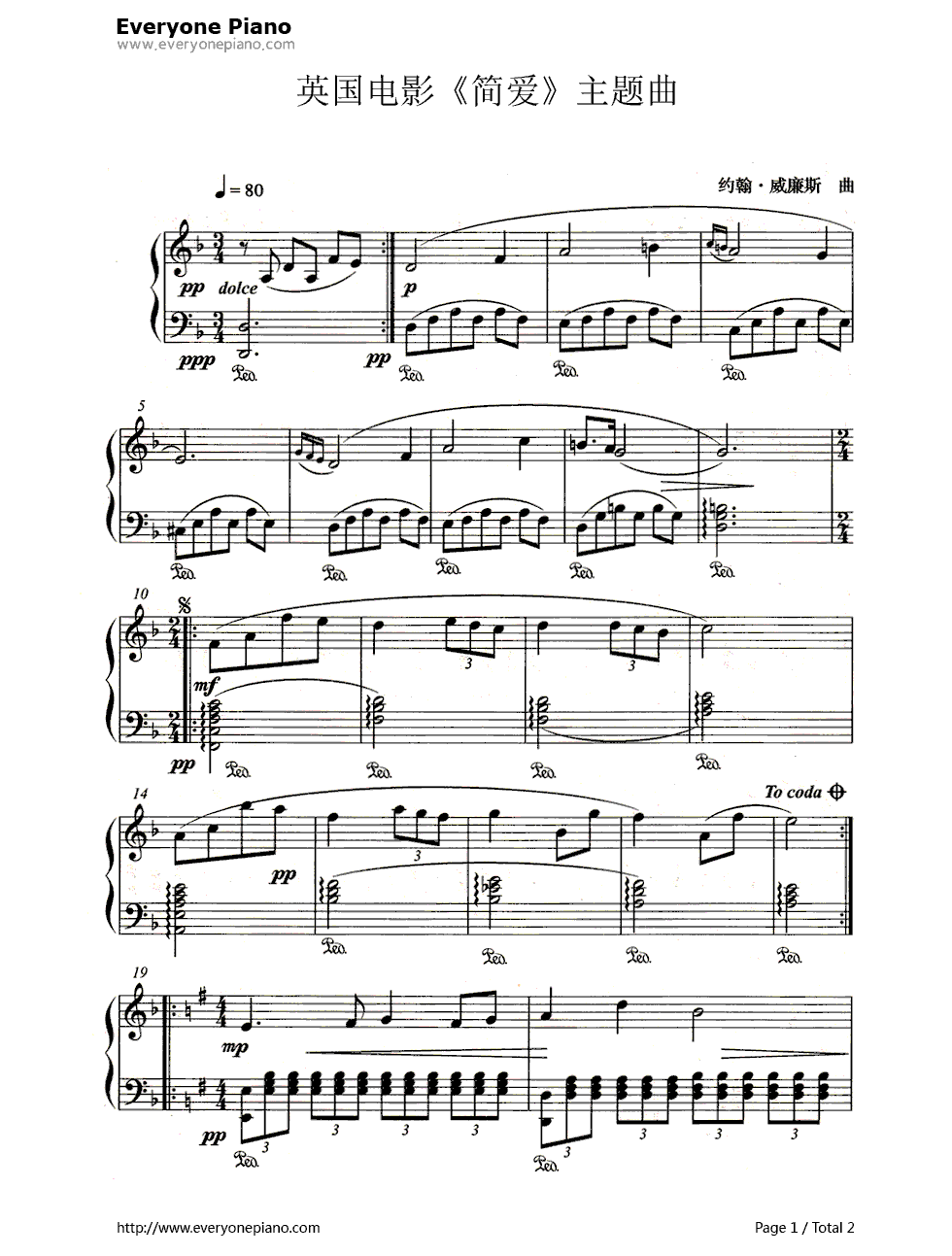 1970版《简爱》主题曲(Jane Eyre)钢琴谱-约翰·威廉姆斯(John Williams)1