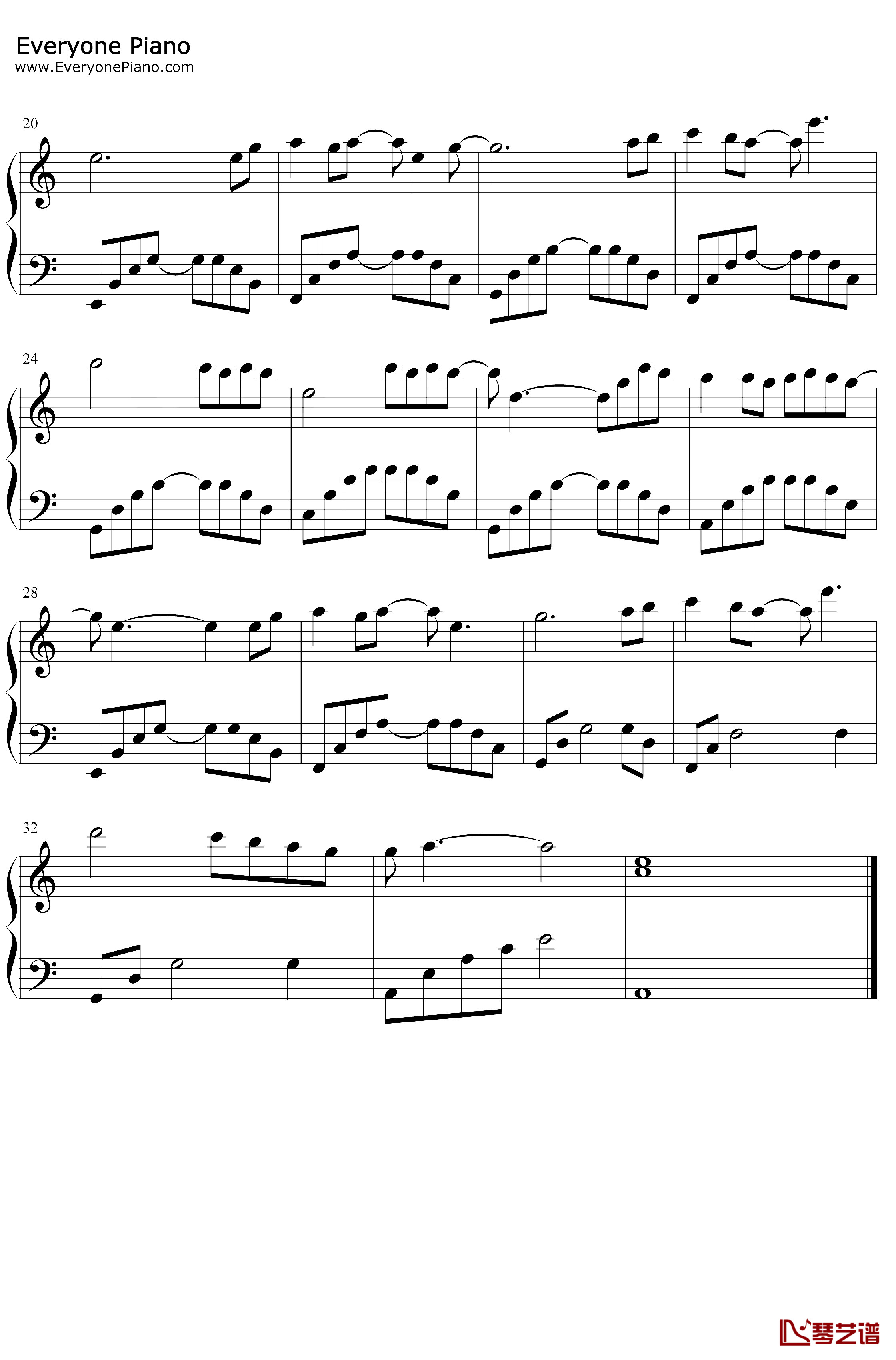 太多钢琴谱-陈冠蒲-C调简单版2