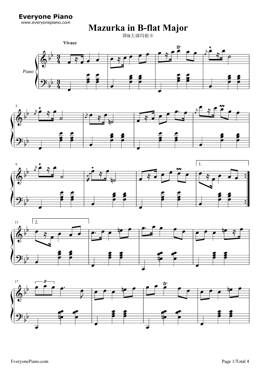 降B大调玛祖卡钢琴谱-肖邦1