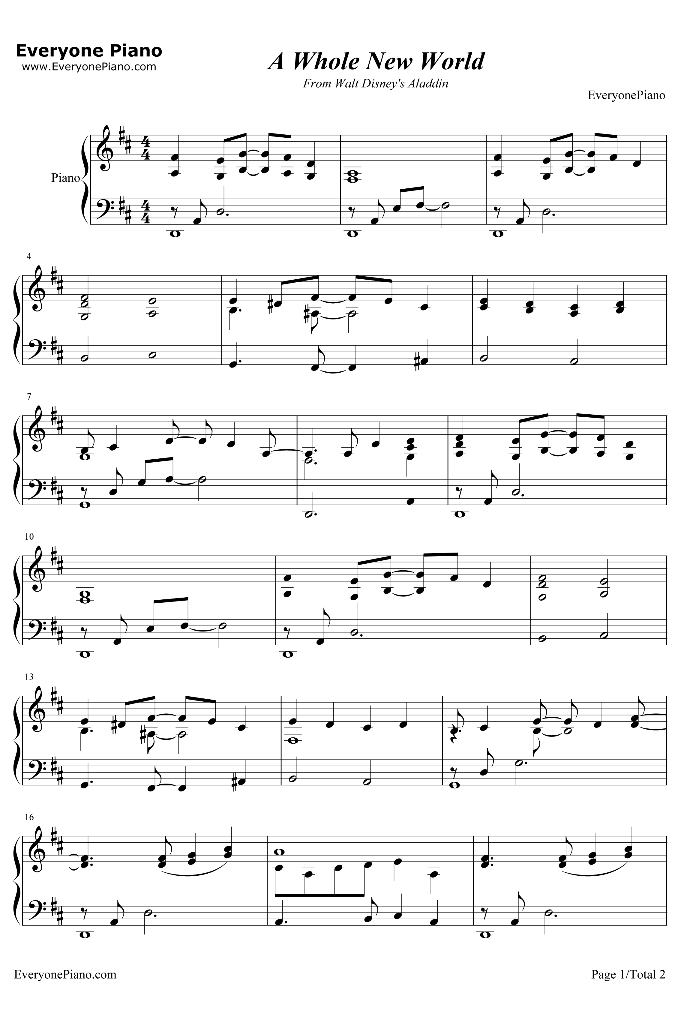 A Whole New World钢琴谱-AlanMenken-阿拉丁主题曲1