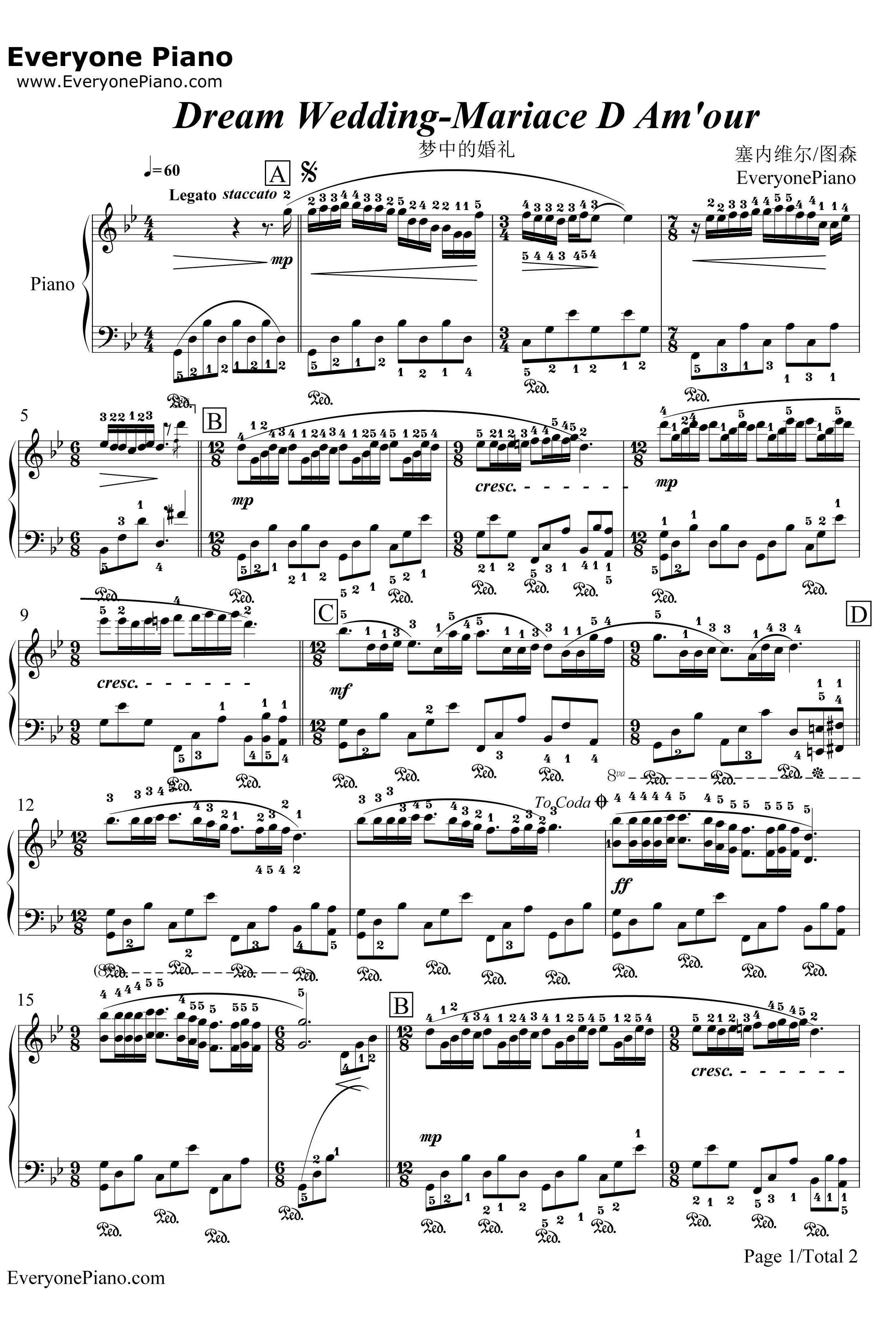 梦中的婚礼钢琴谱-理查德克莱德曼-带指法版1