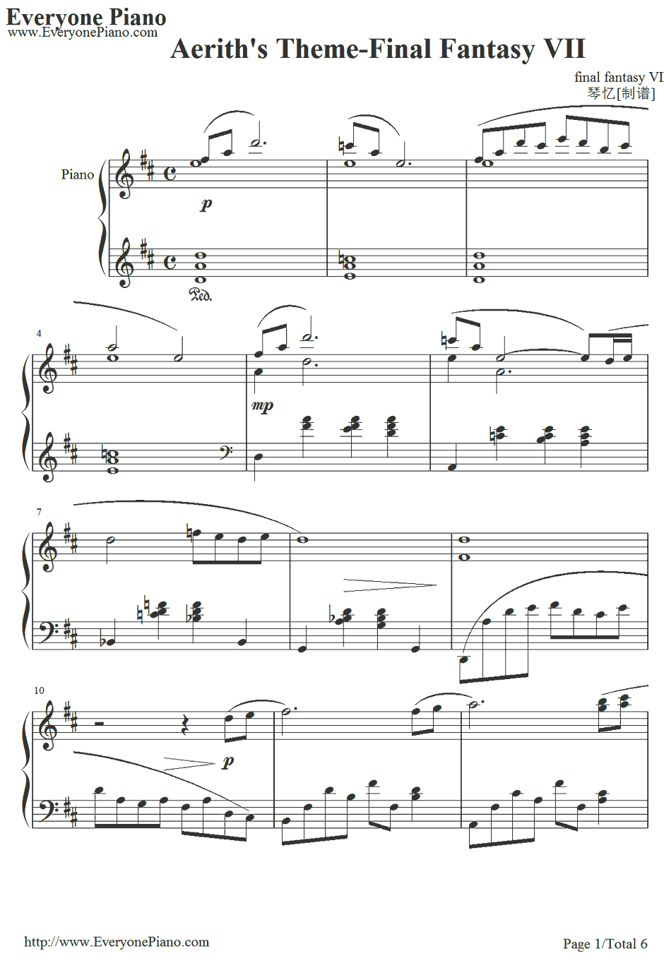 エアリスのテーマ钢琴谱-植松伸夫-最终幻想Ⅶ:圣子降临BGM1