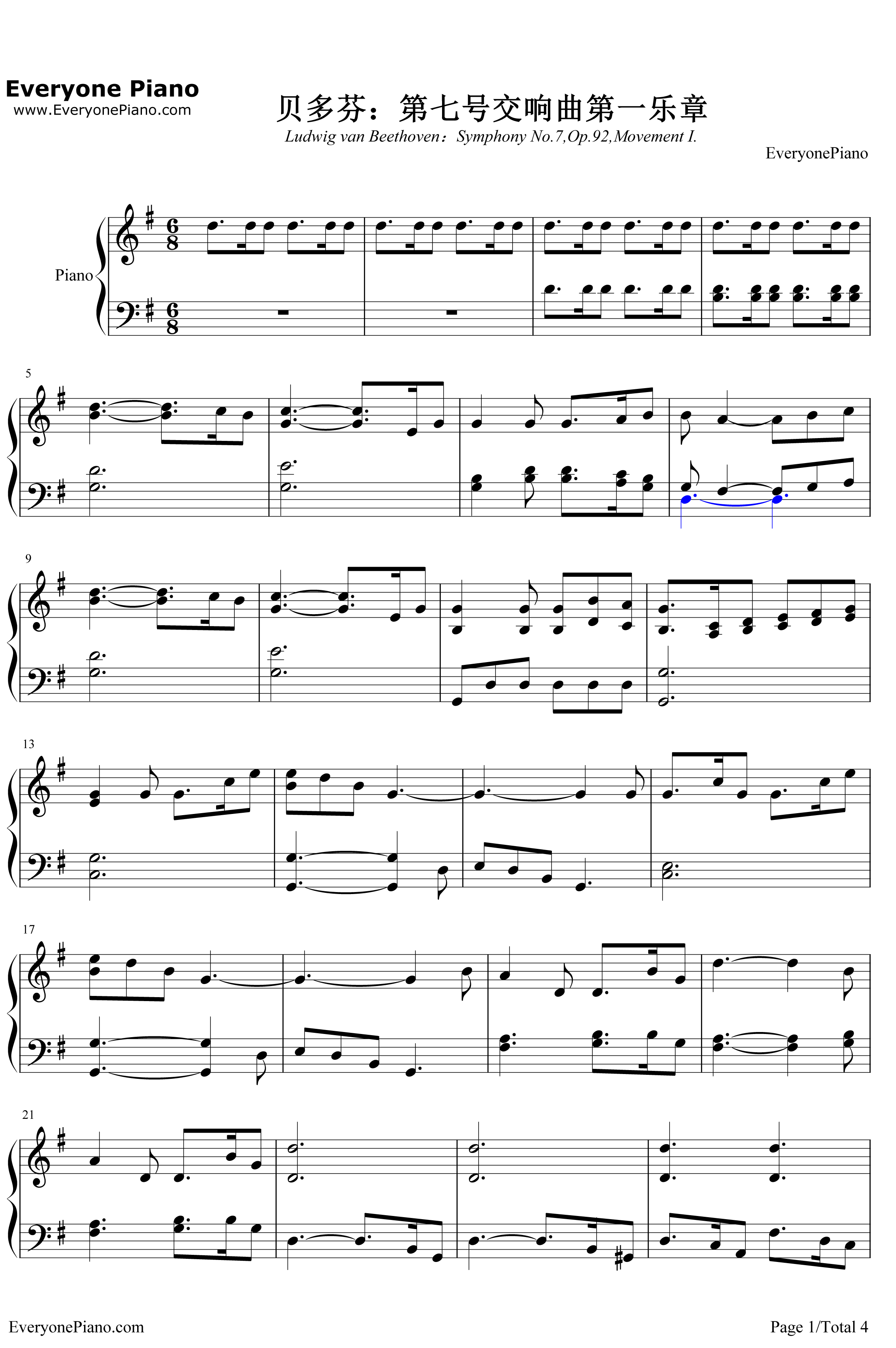 贝多芬第七号交响曲第一乐章钢琴谱-贝多芬1