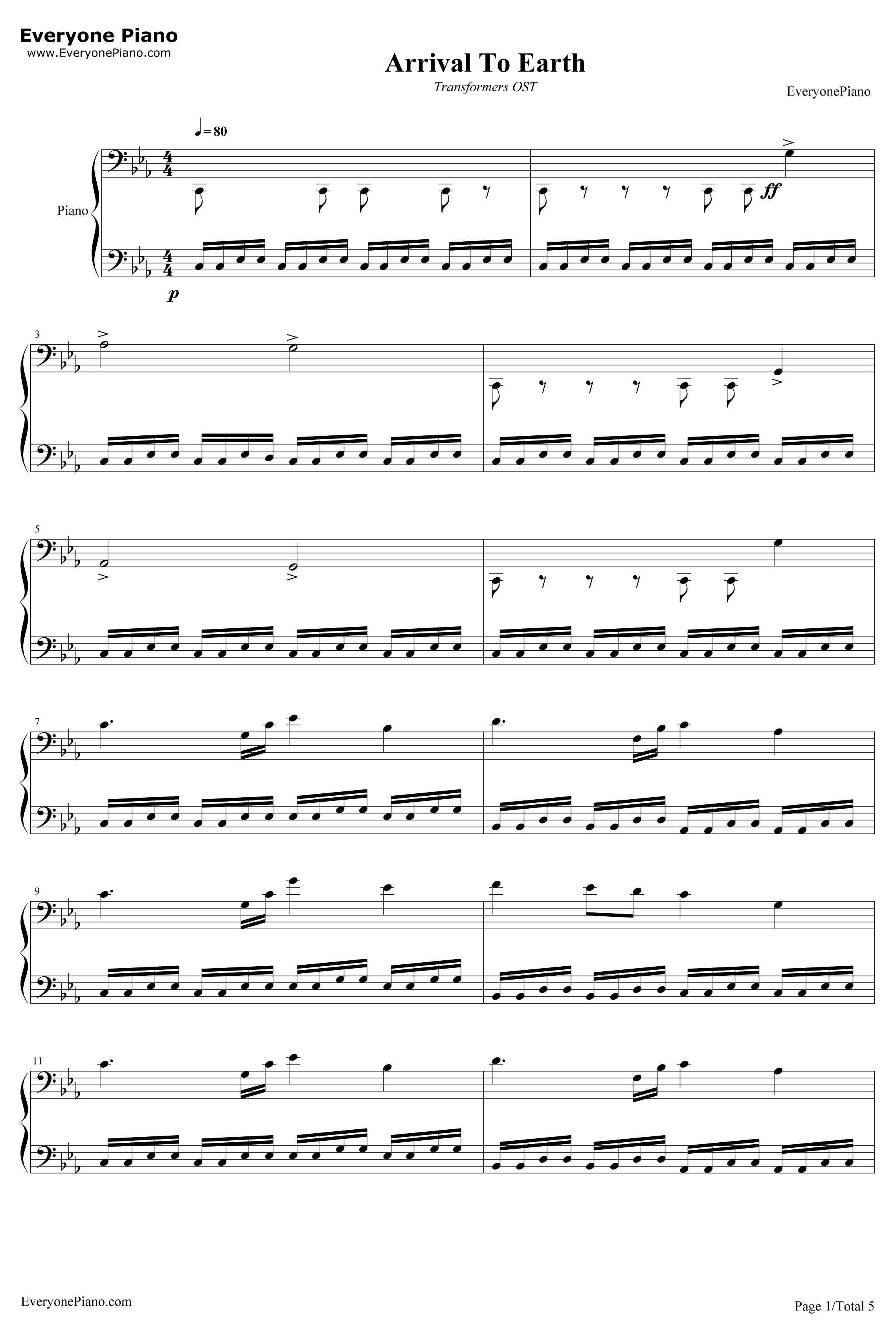 Arrival To Earth钢琴谱-SteveJablonsky-第一代《变形金刚》OST1