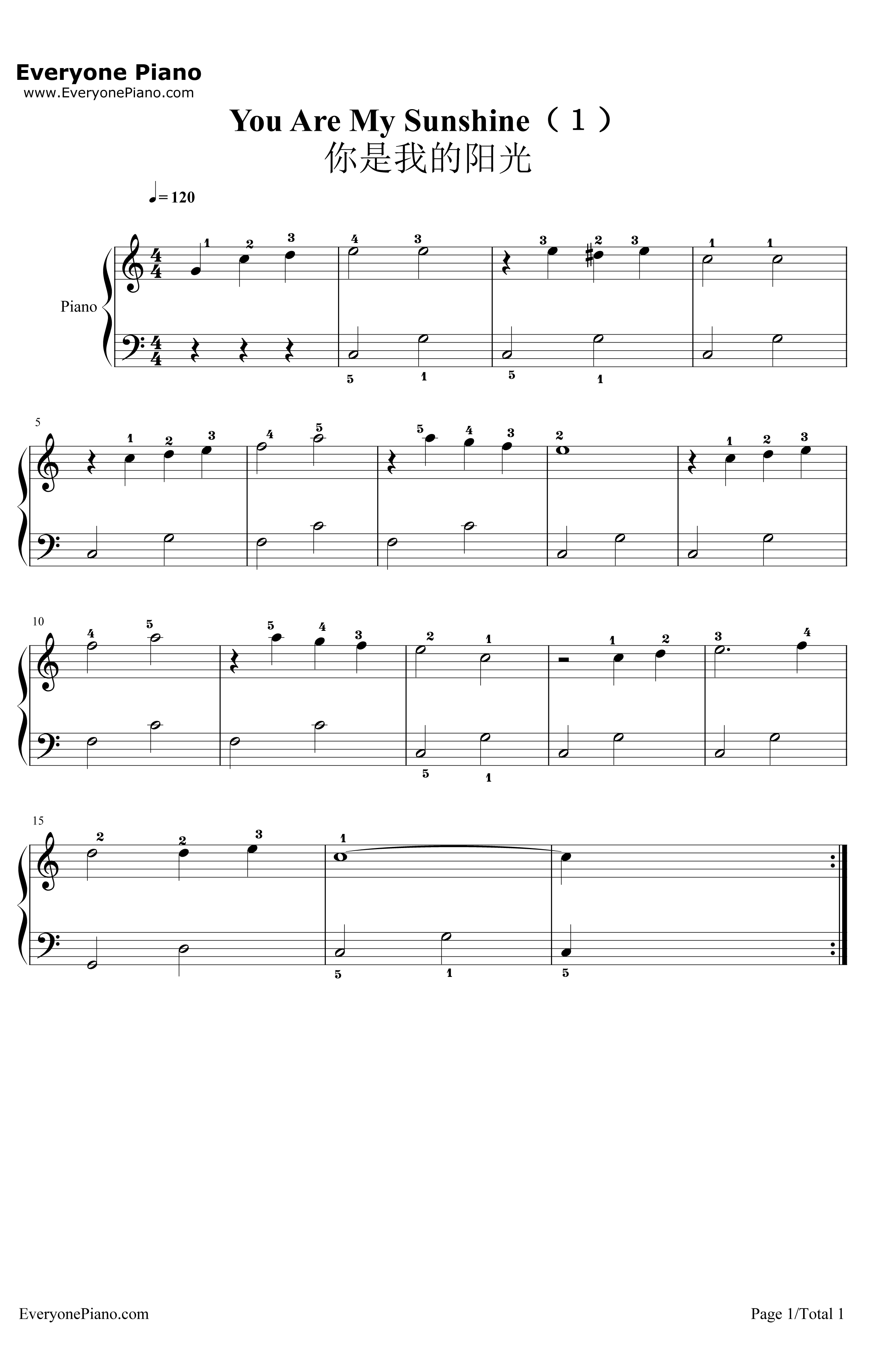 YouAreMySunshine超简单版钢琴谱-JimmieDavis-YouAreMySunshine超简单版1