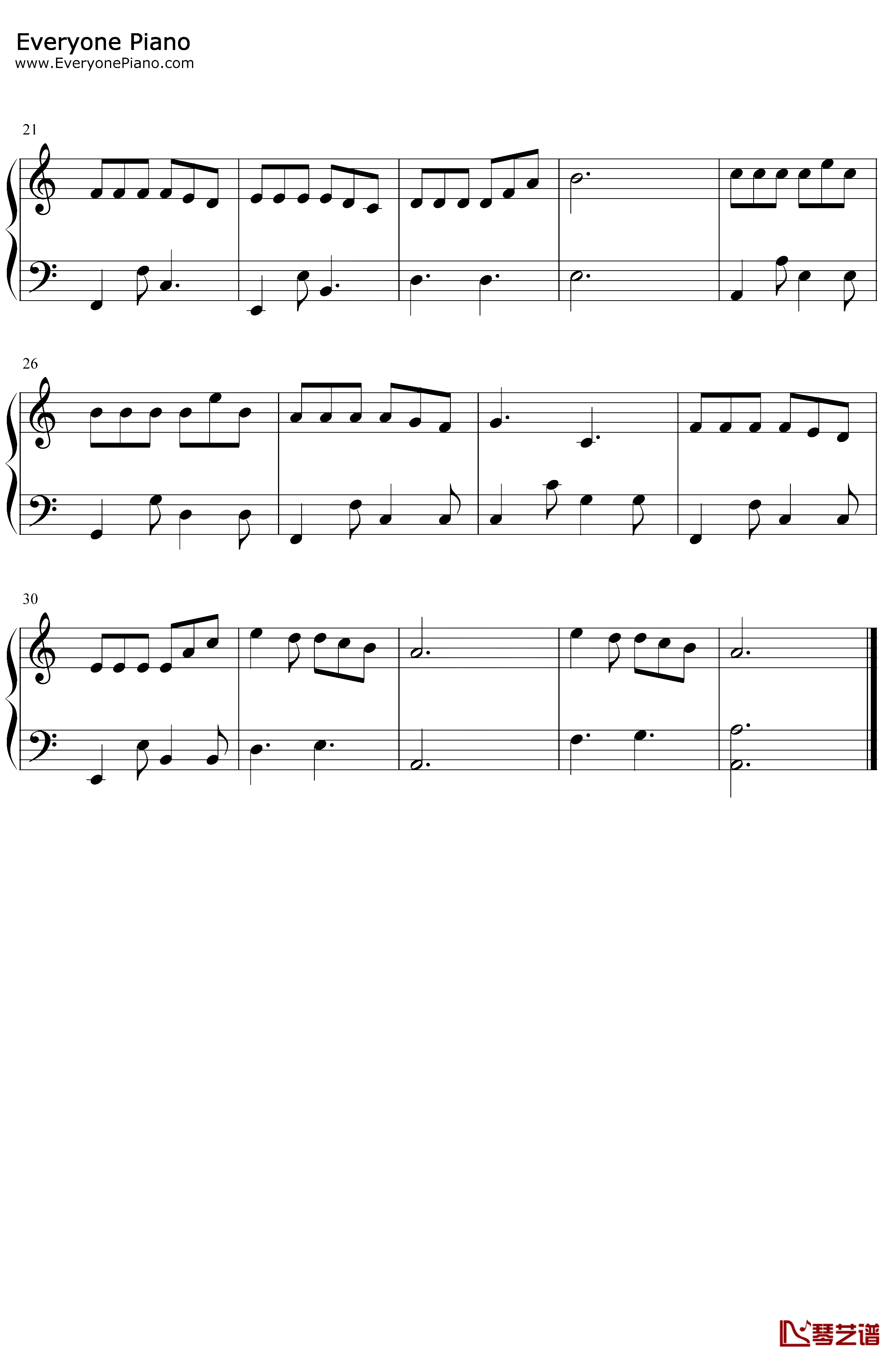 三生三世钢琴谱-张杰-C调简单版2