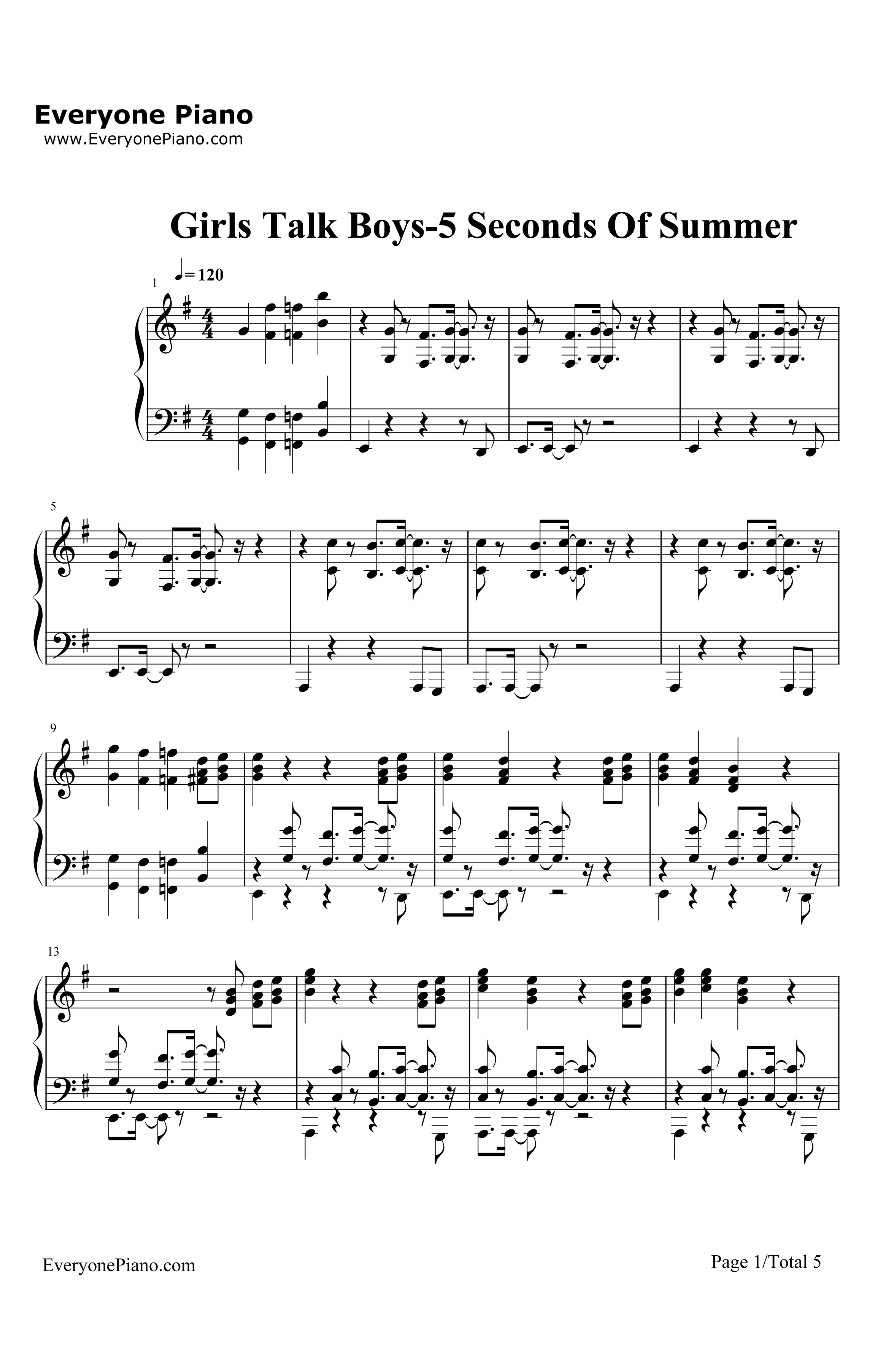 GirlsTalkBoys钢琴谱-5SecondsOfSummer1