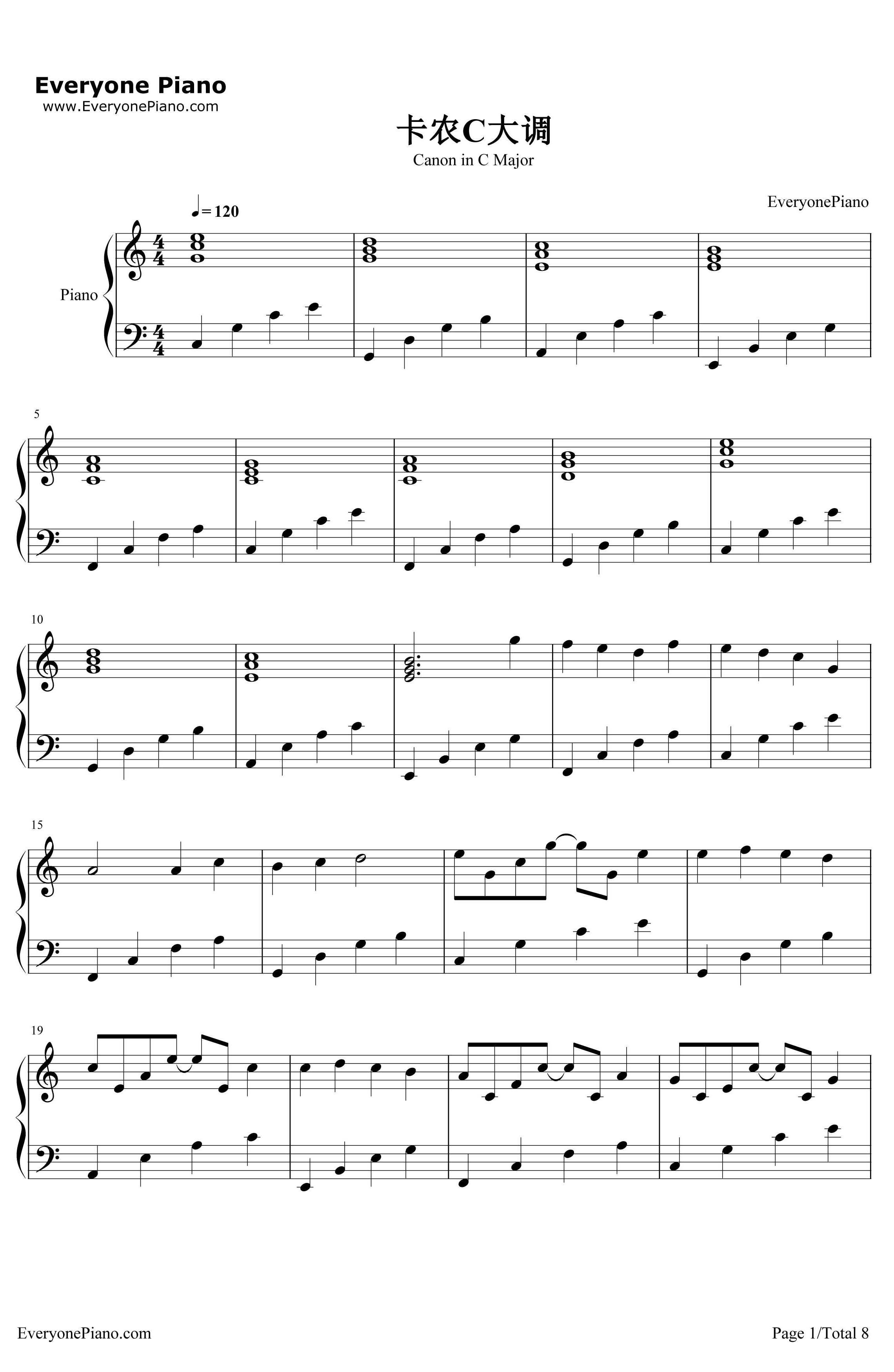 卡农C大调最简版钢琴谱-帕赫贝尔1