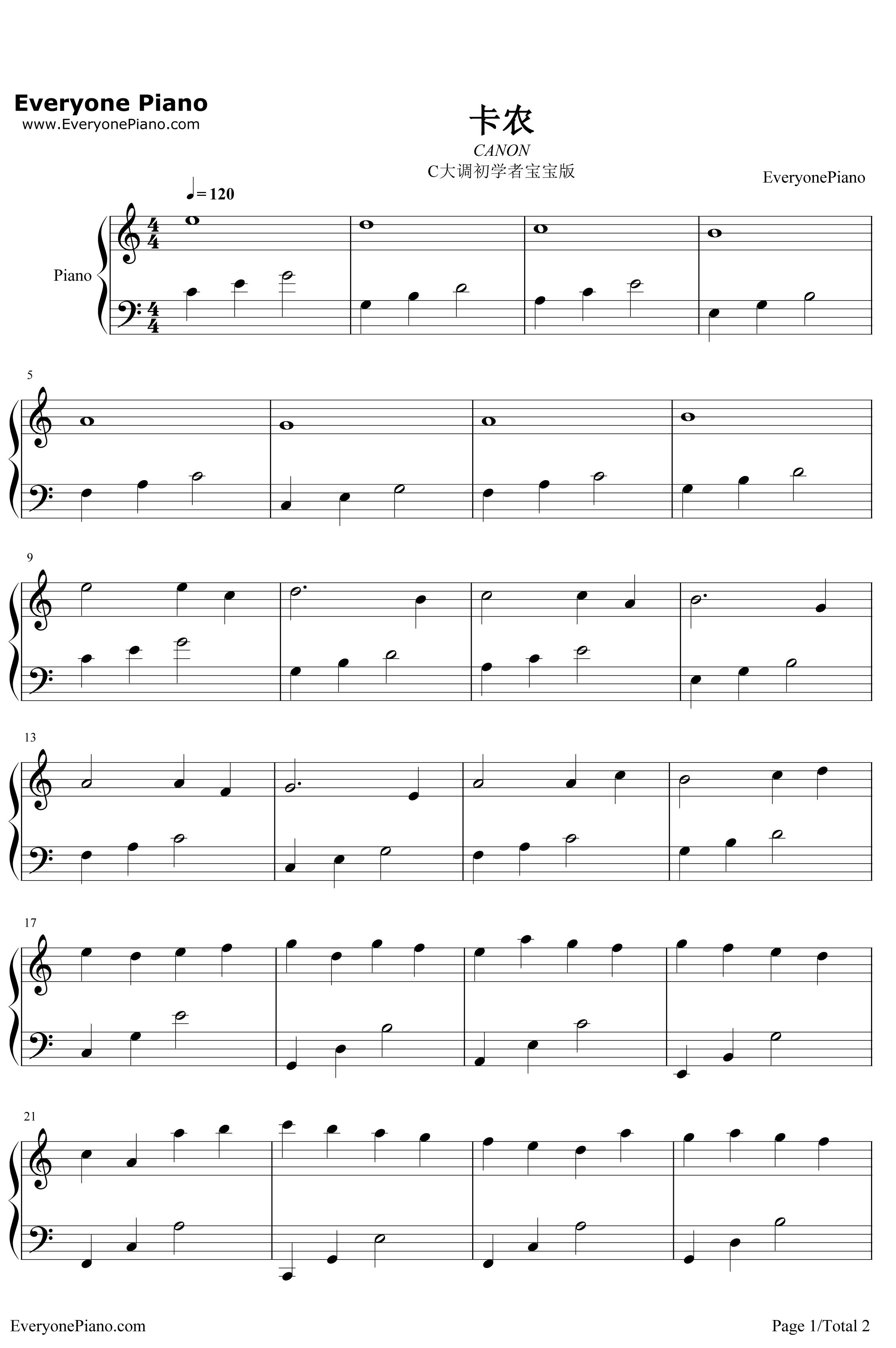 卡农钢琴谱-JohannPachelbel-Canon-C大调初学者版1