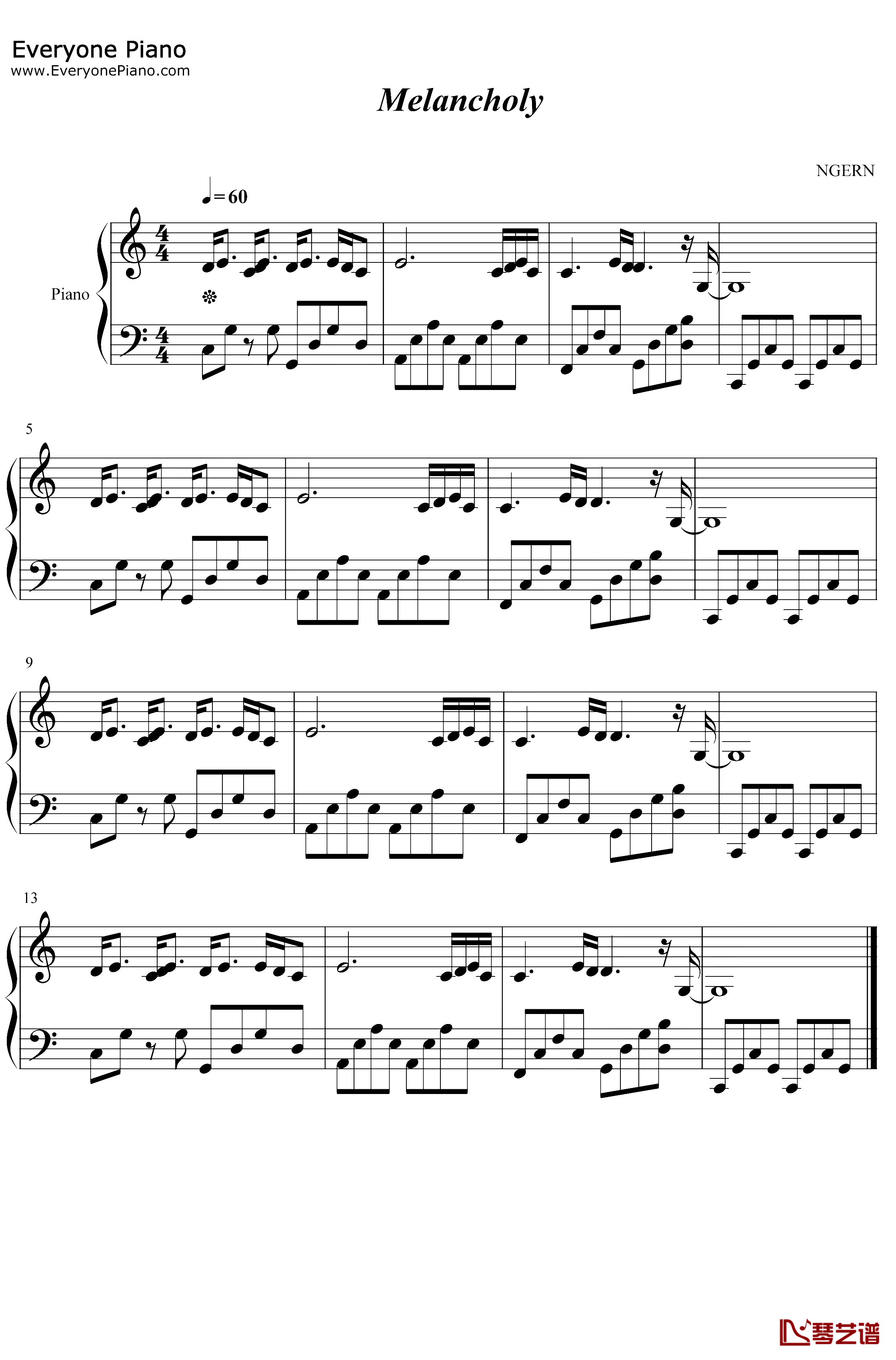Melan choly钢琴谱-White Cherry-C调简单版-抖音BGM1