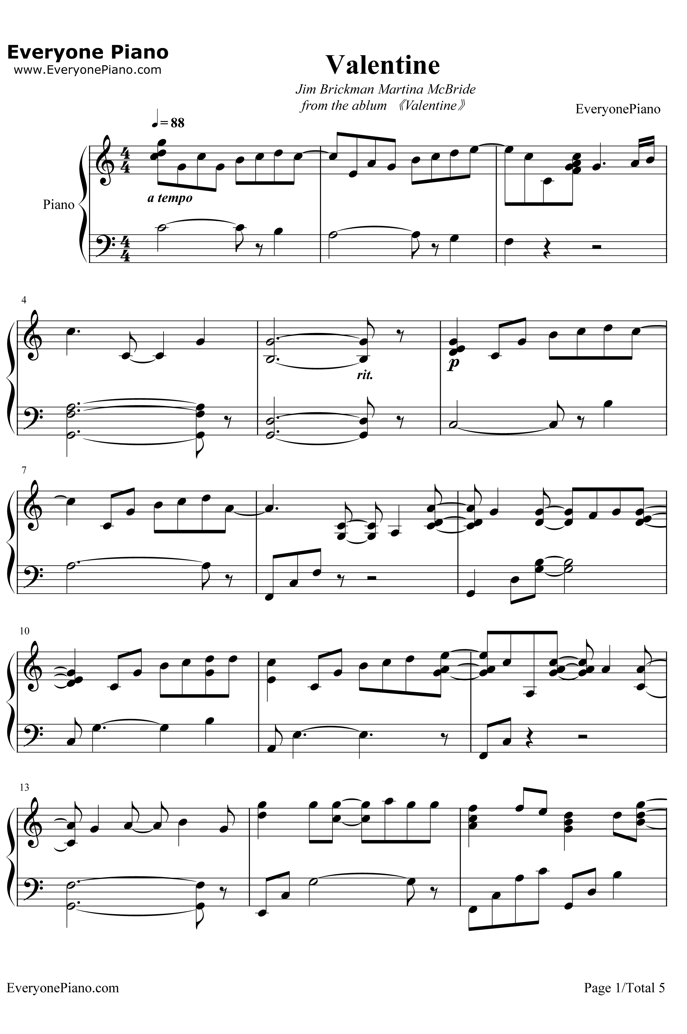 Valentine钢琴谱-JimBrickmanMartinaMcBride-JimBrickman和MartinaMcBride1
