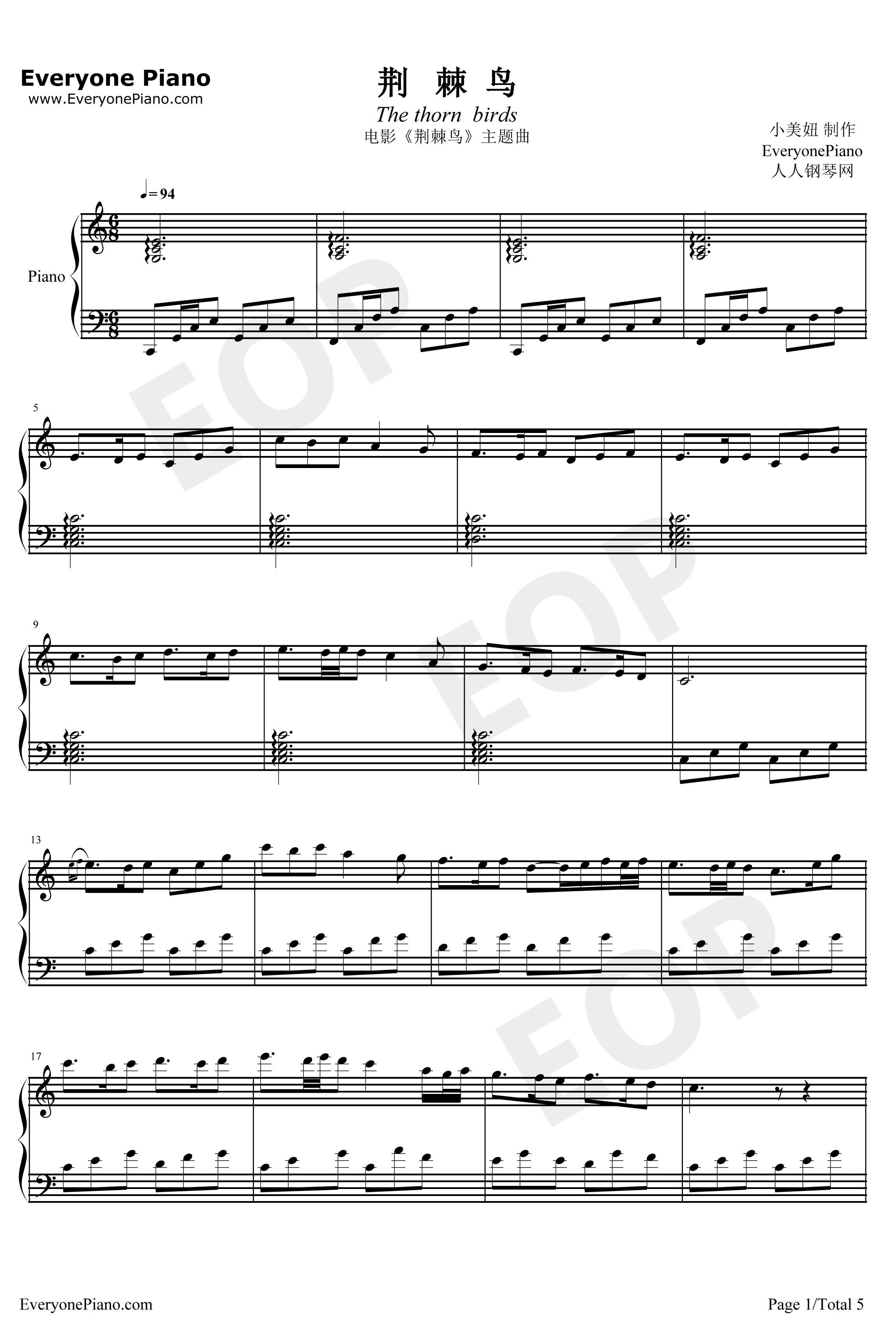 荆棘鸟主题曲钢琴谱-HenryMancini-TheThornBirds1