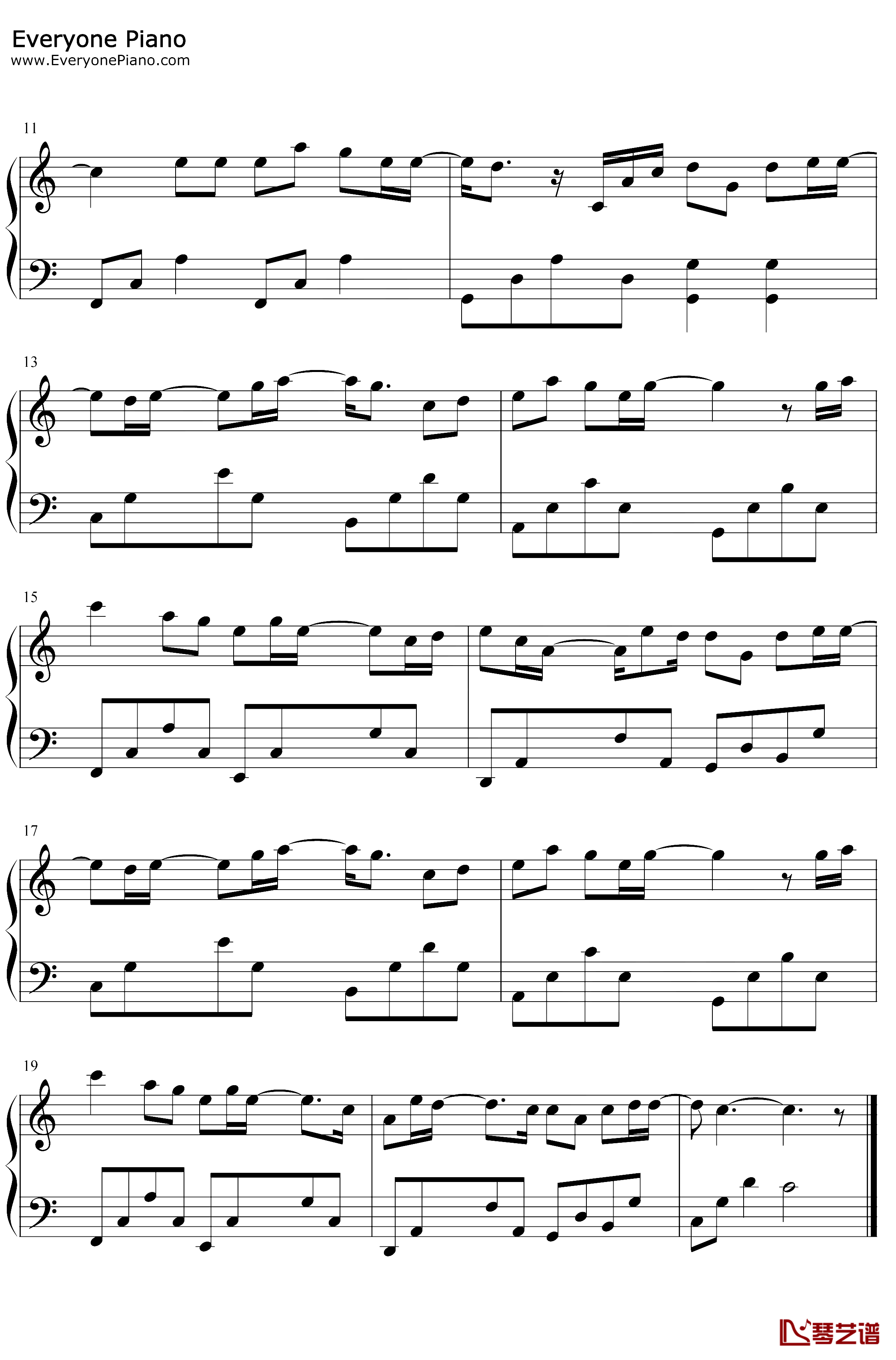 发如雪钢琴谱-周杰伦-C调简单版2