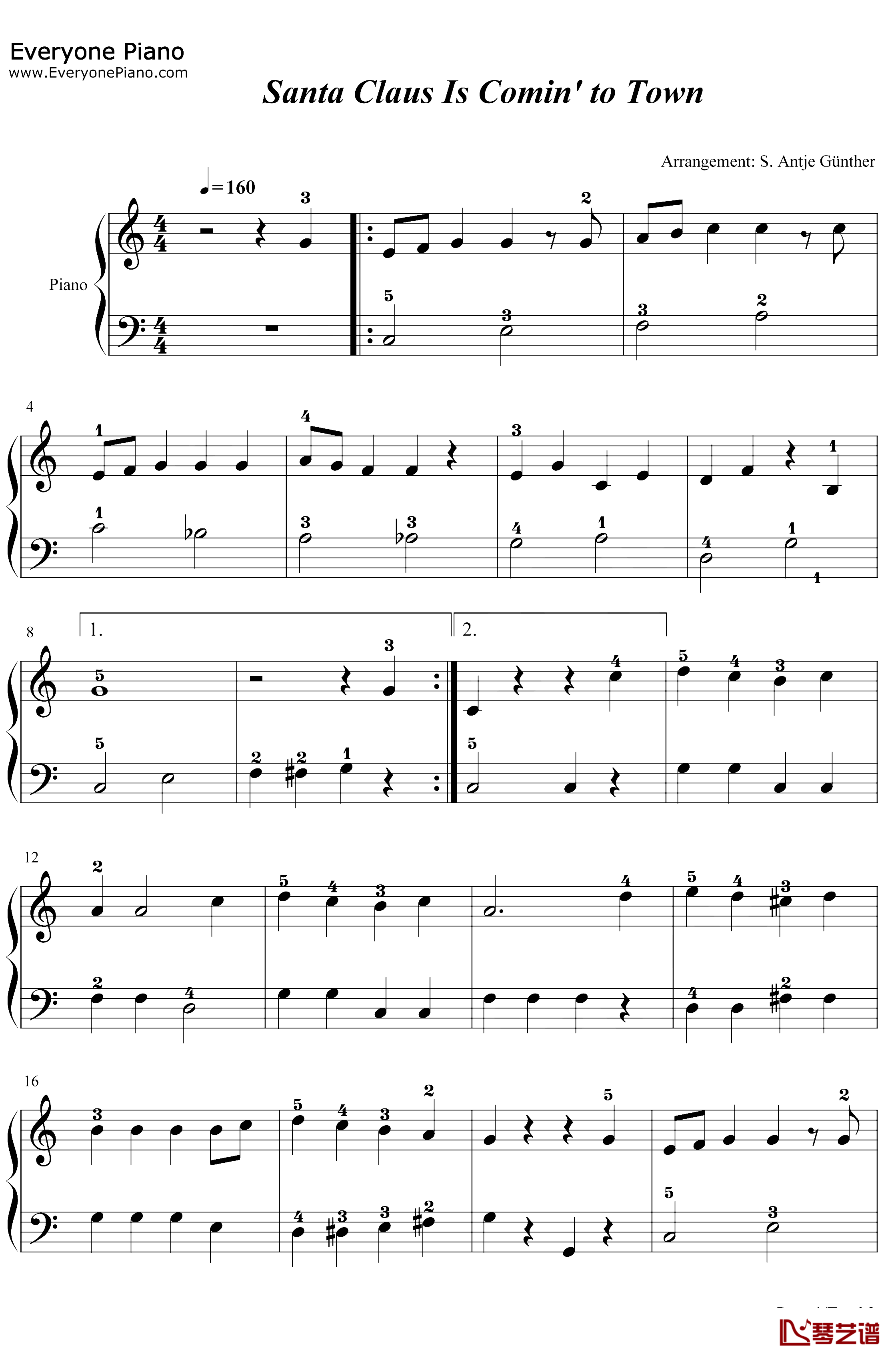 Santa ClausIs Comin to Town钢琴谱-J.FredCootsHavenGillespie-C调简单版-带指法-圣诞歌曲1