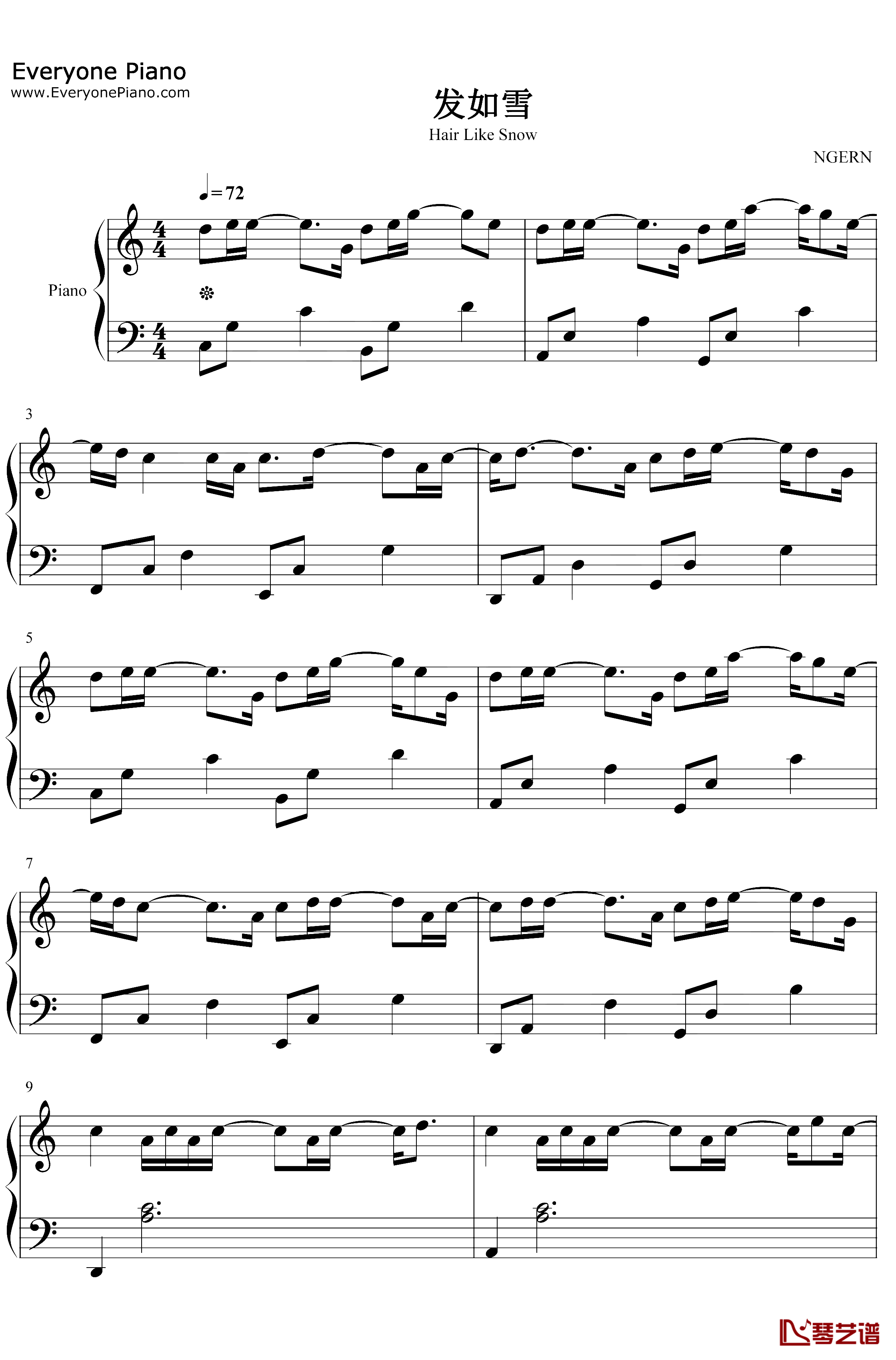 发如雪钢琴谱-周杰伦-C调简单版1