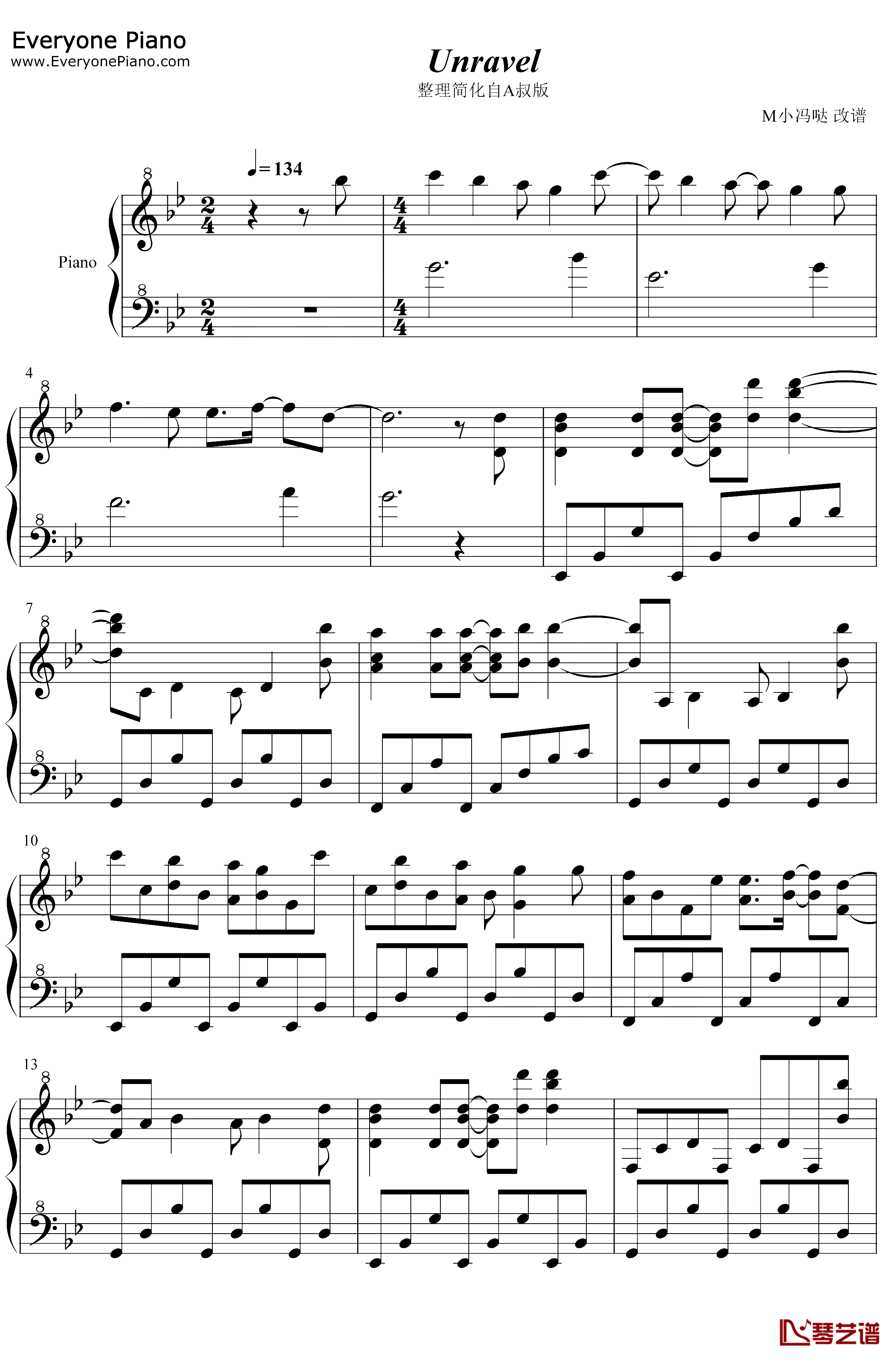 Unravel钢琴谱-Tkfrom凛冽时雨-简化自A叔版1