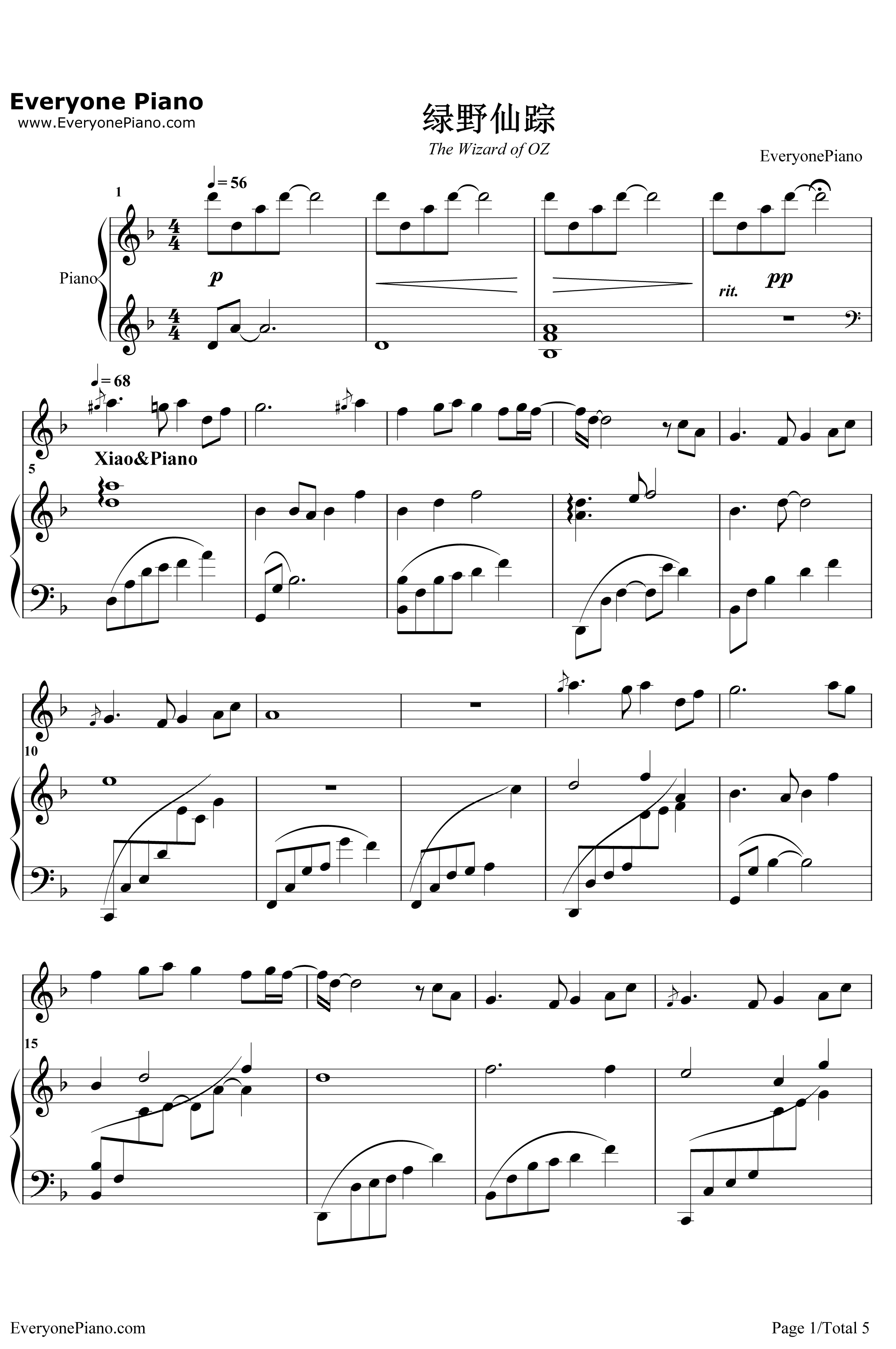绿野仙踪钢琴谱-陈悦马克-琴箫合奏1