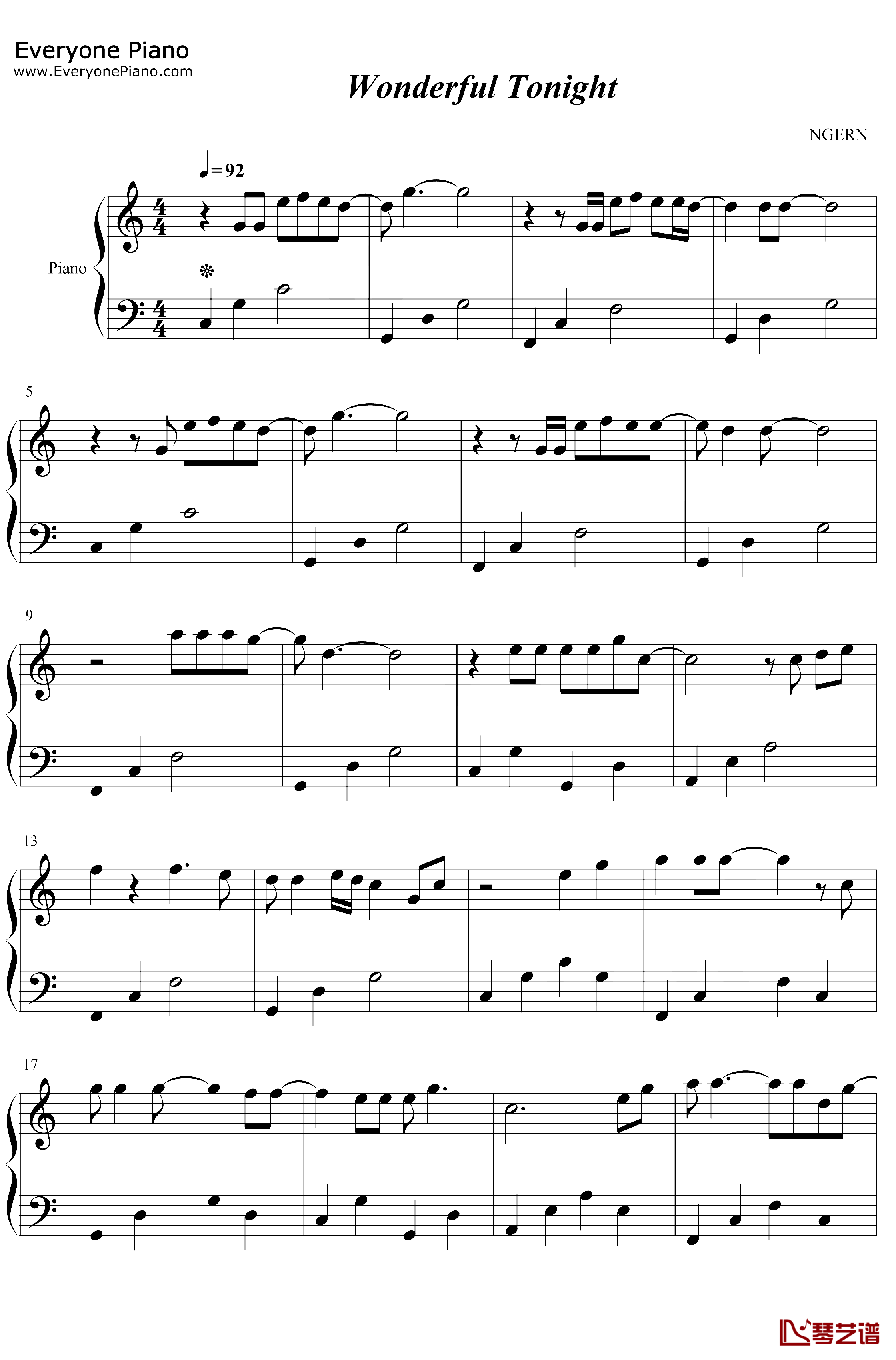 Wonderful Tonight钢琴谱-EricClapton-C调简单版-迷人之夜1