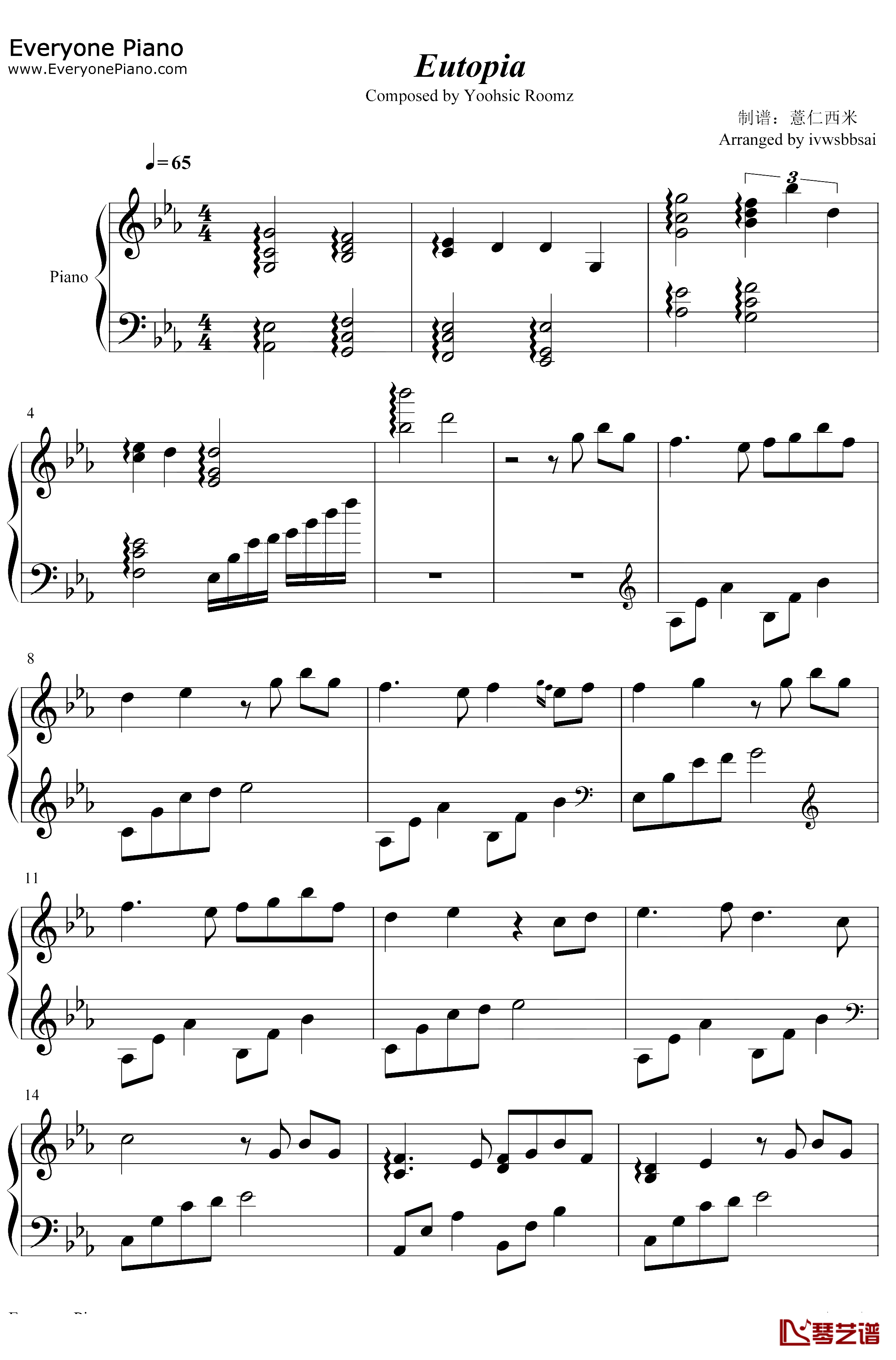 Eutopia钢琴谱-YoohsicRoomz1