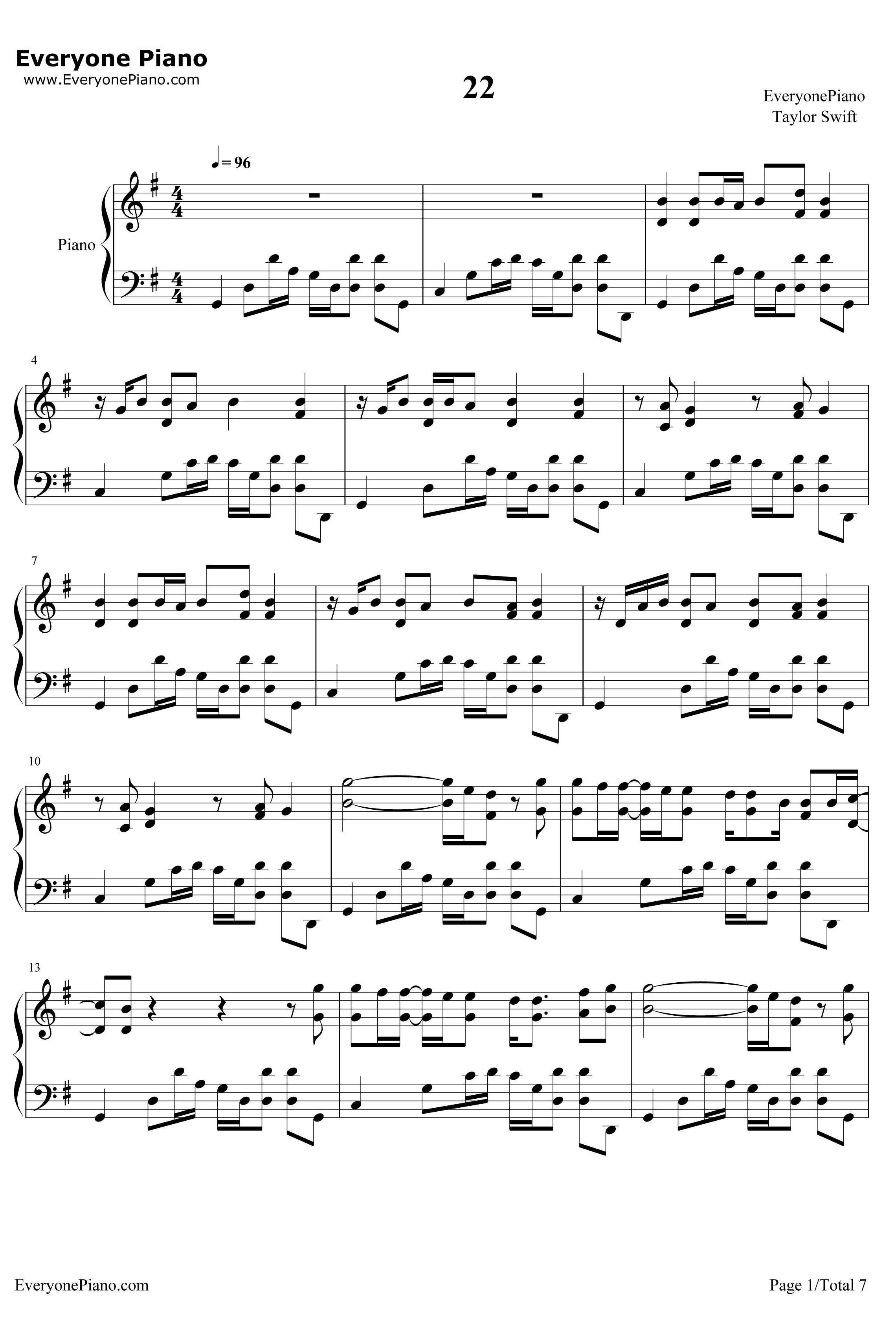 22钢琴谱-TaylorSwift1