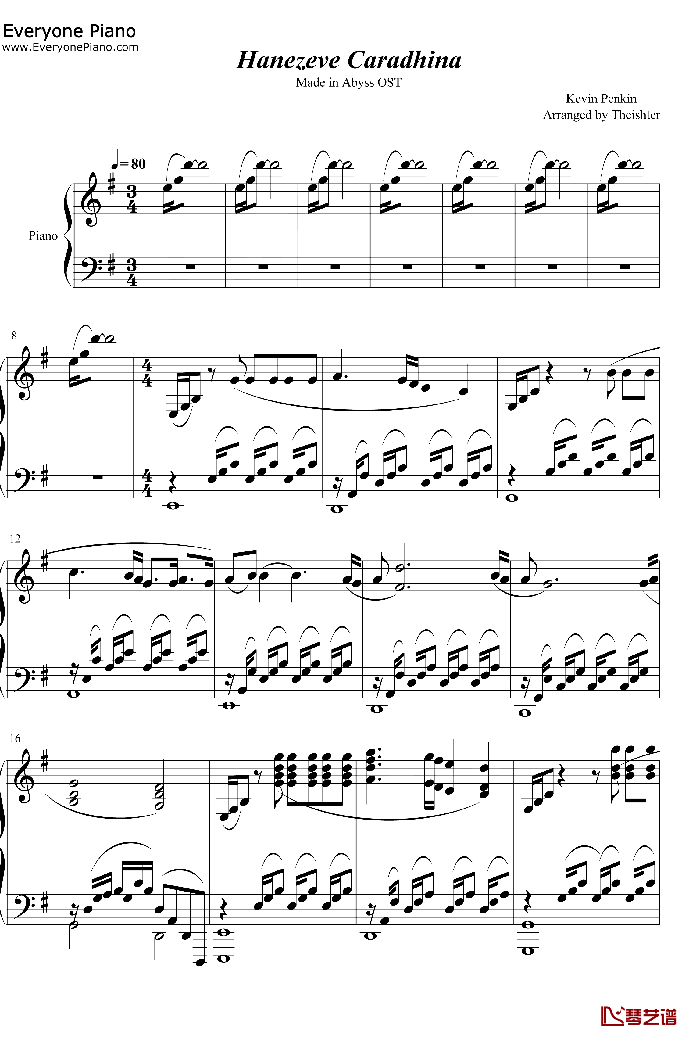 Hanezeve Caradhina钢琴谱-KevinPenkin-来自深渊OST1