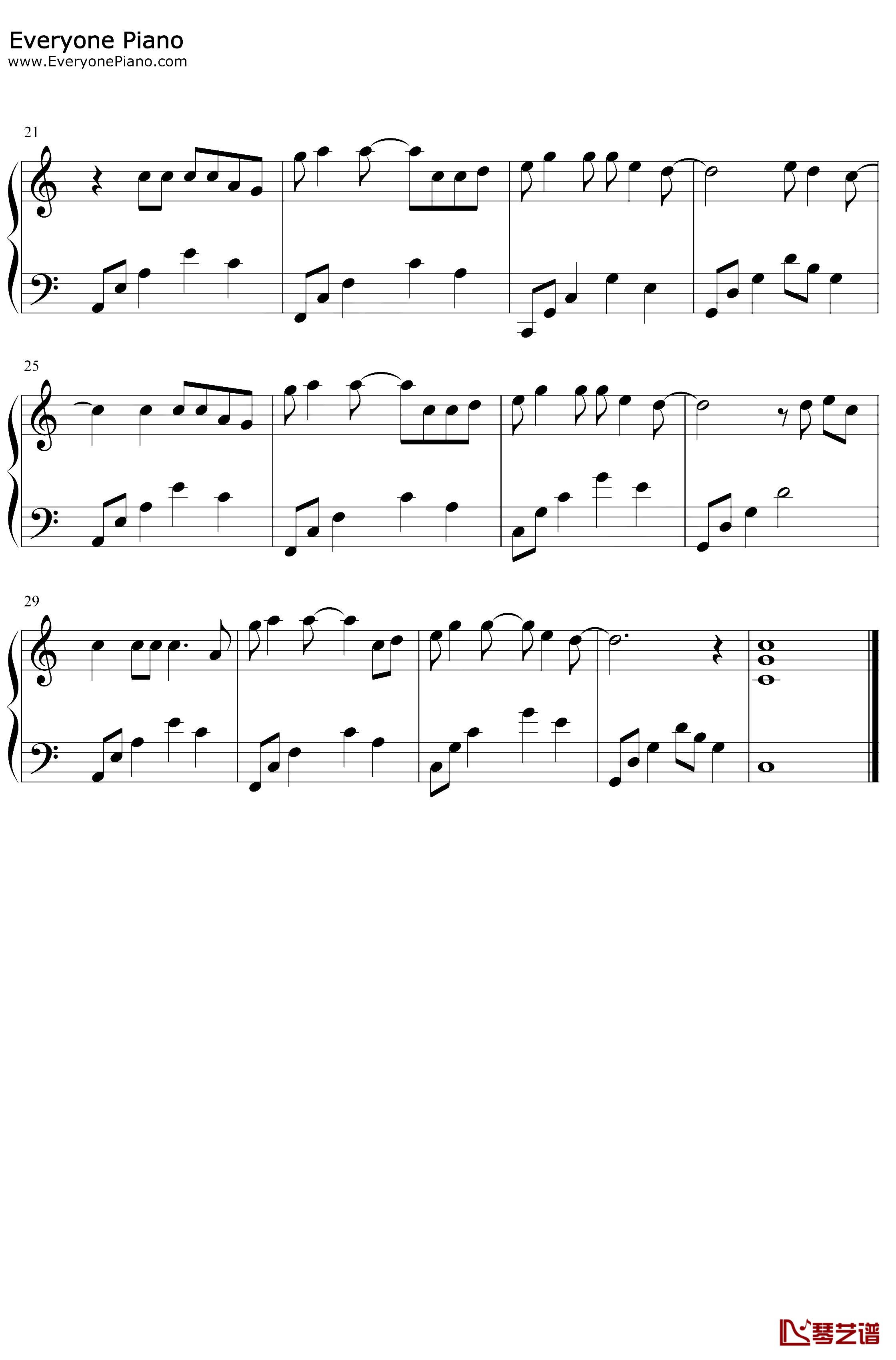 夜空中最亮的星钢琴谱-逃跑计划-C调简单版2