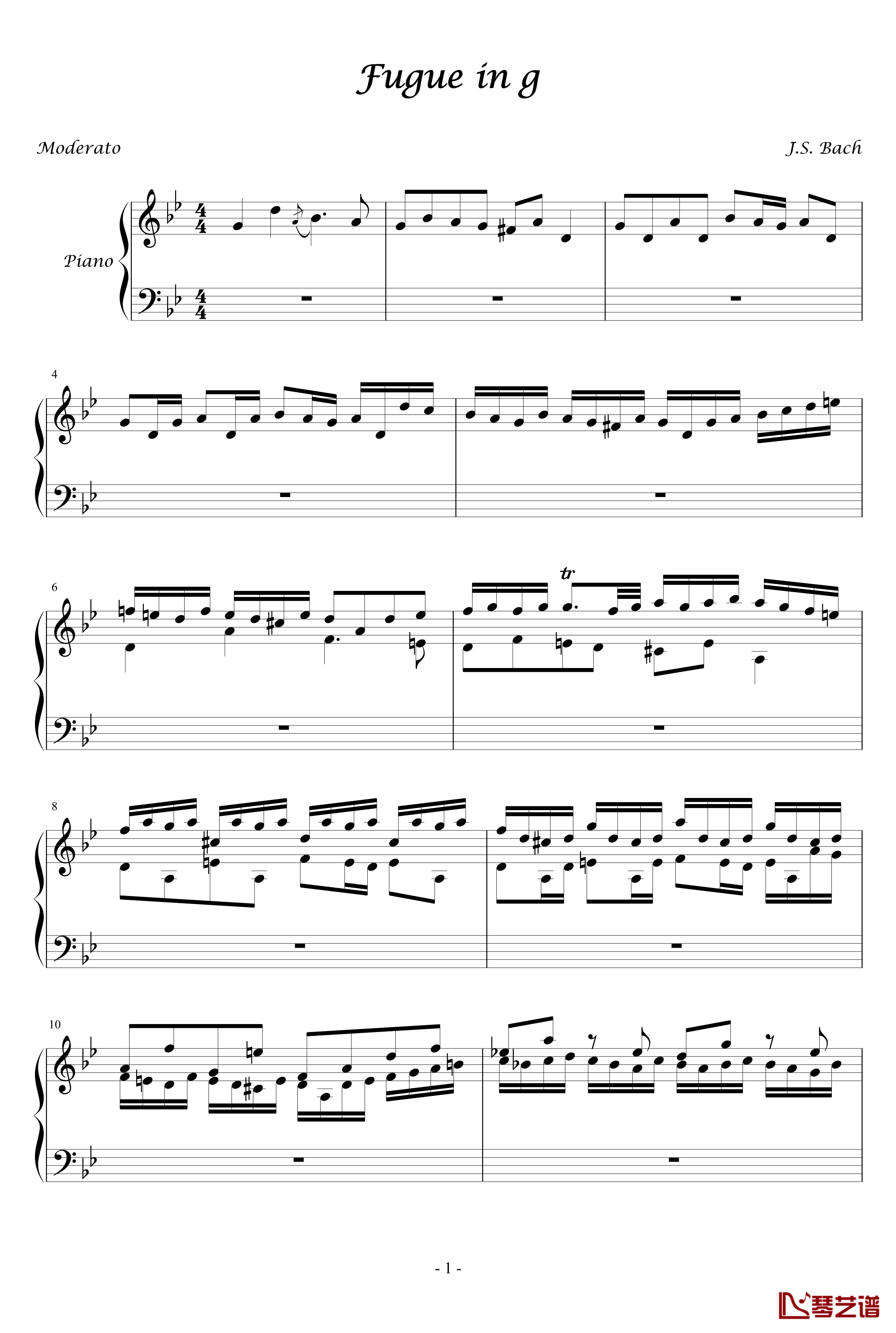 G小调赋格钢琴谱-J.S.巴赫1