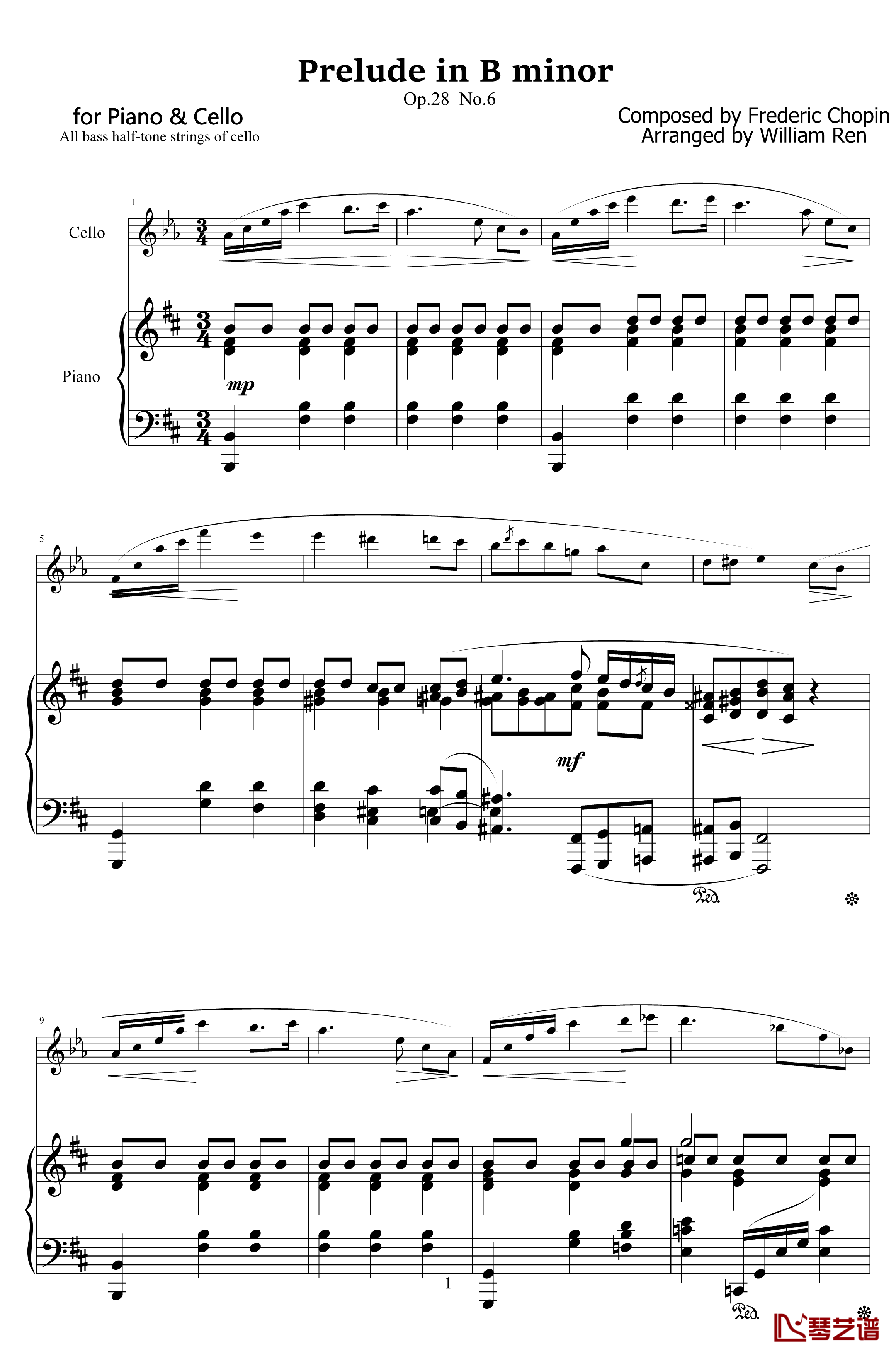 肖邦b小调钢琴谱-前奏曲-大提琴改编版--肖邦-chopin1