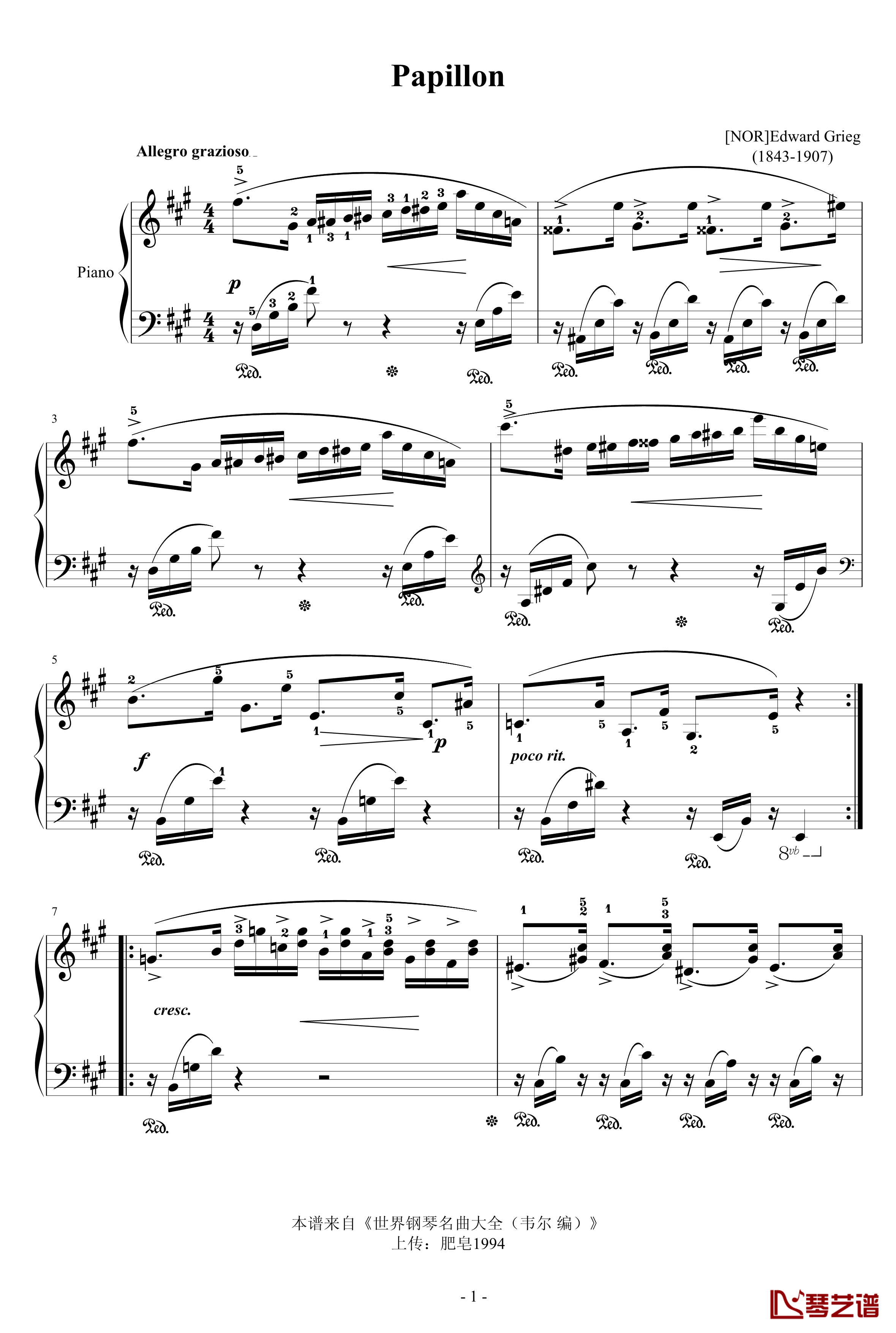 蝴蝶钢琴谱-格里格1