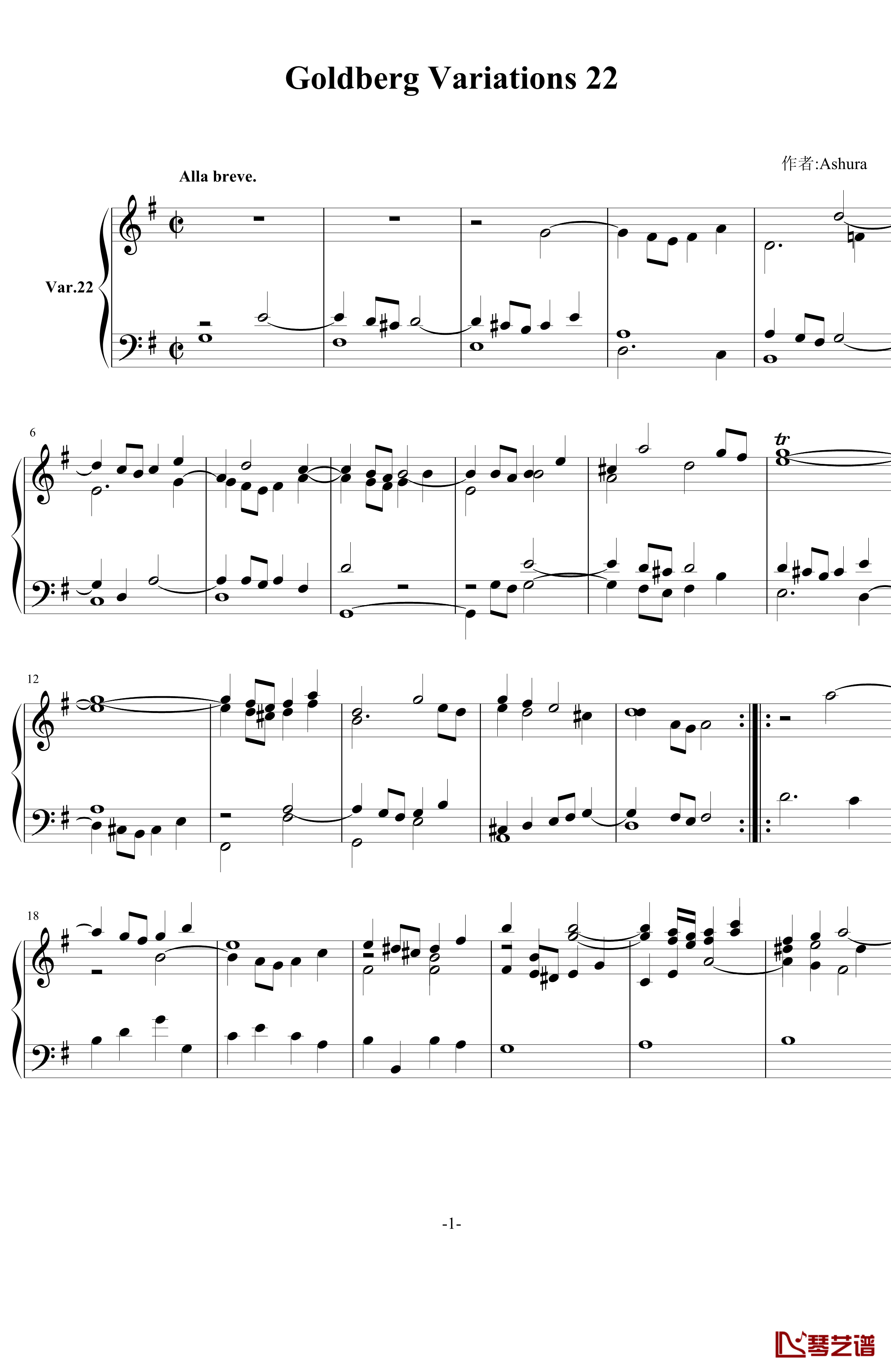 哥德堡变奏曲第20变奏钢琴谱-巴赫-P.E.Bach1