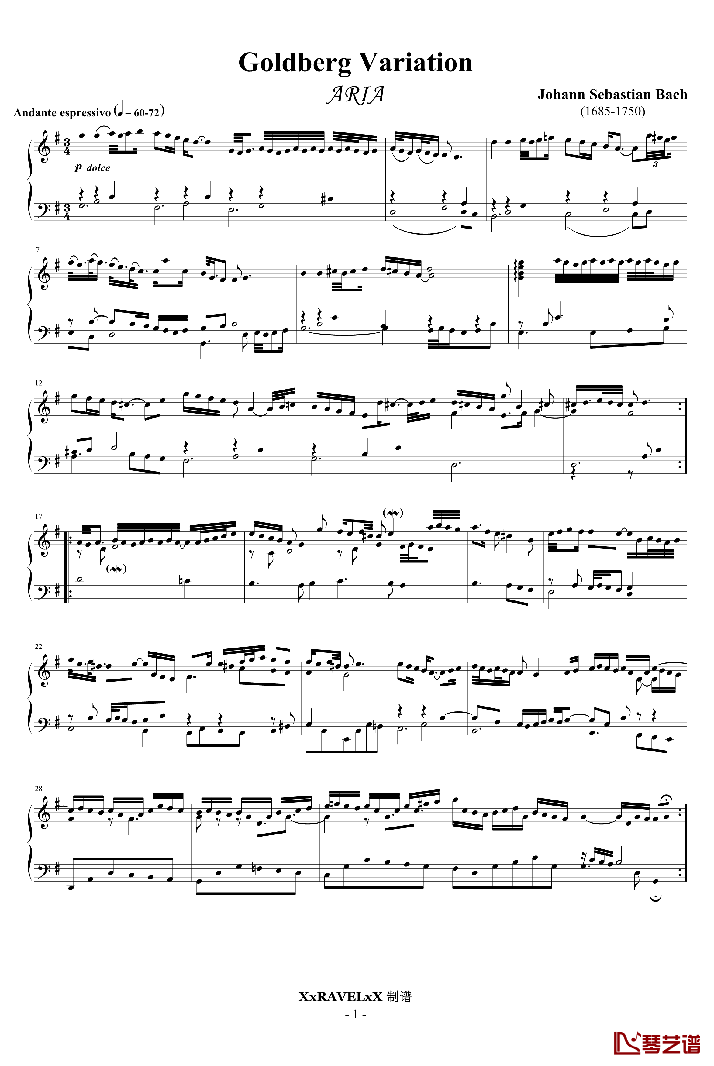 哥德堡变奏曲钢琴谱-ARIA-主题-巴赫-P.E.Bach1