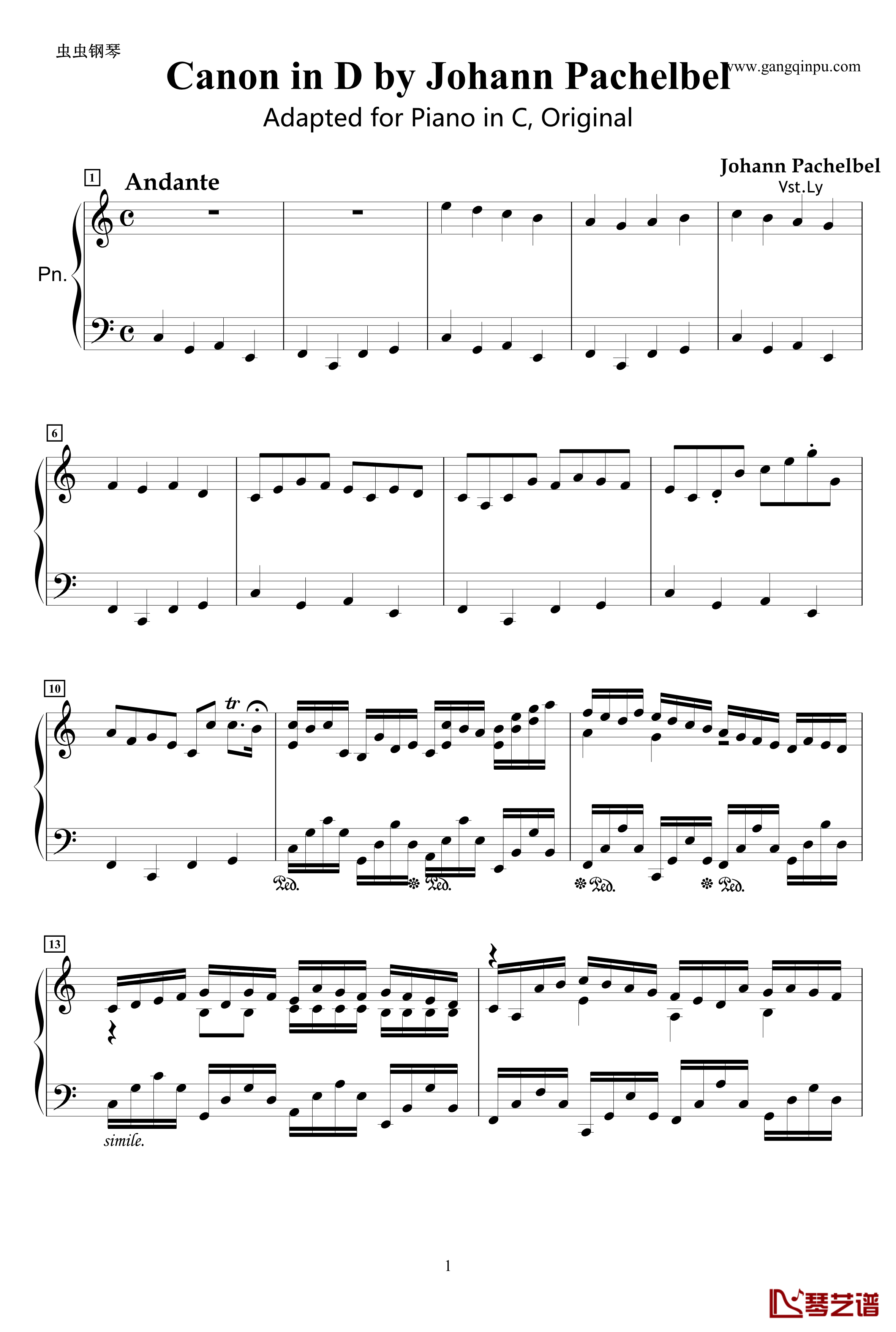 Canon Adapted for Piano, Original钢琴谱-卡农巴洛克原版的钢琴变奏-Johann Pachelbel1