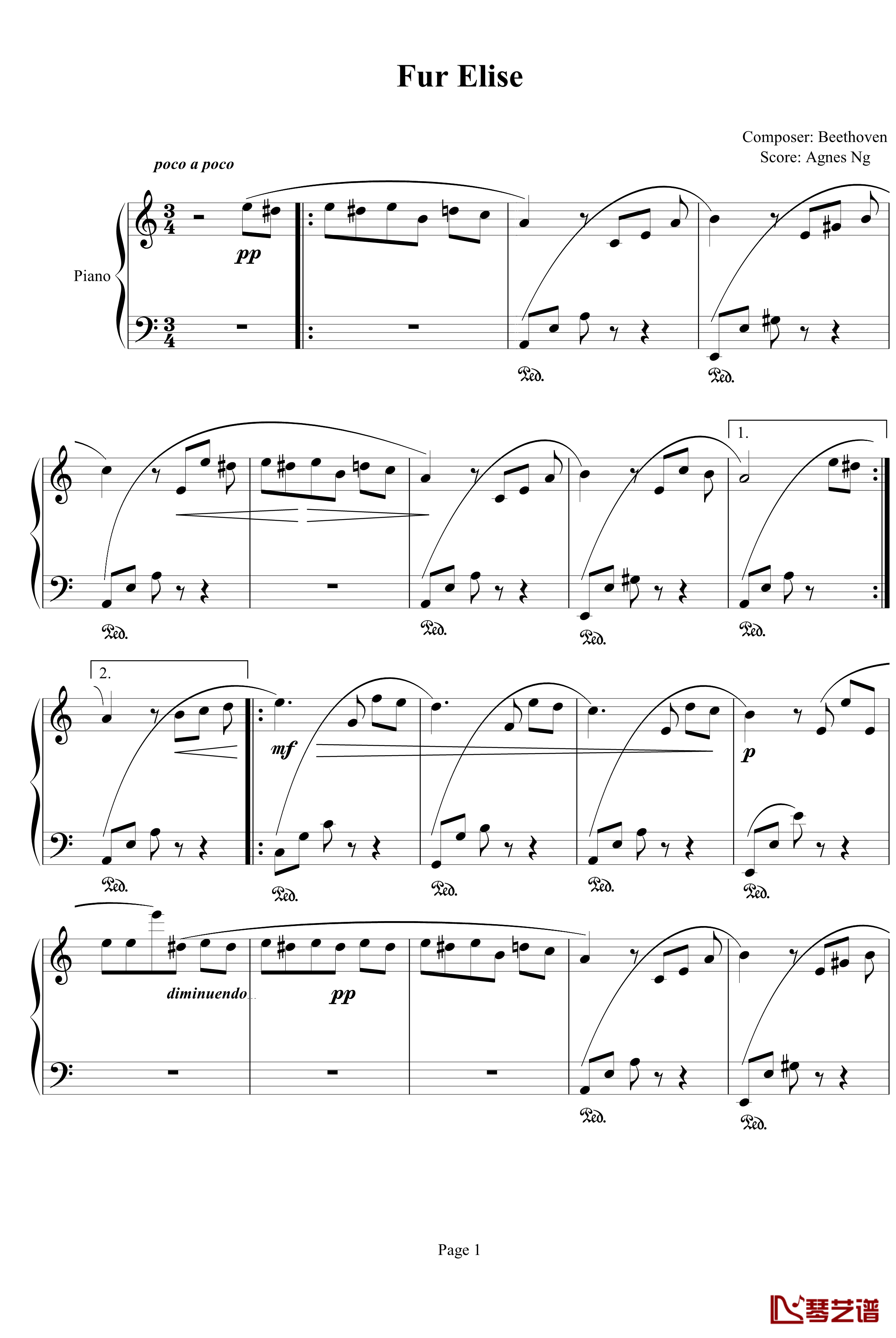 Fur Elise钢琴谱-agnesng版-贝多芬-beethoven1