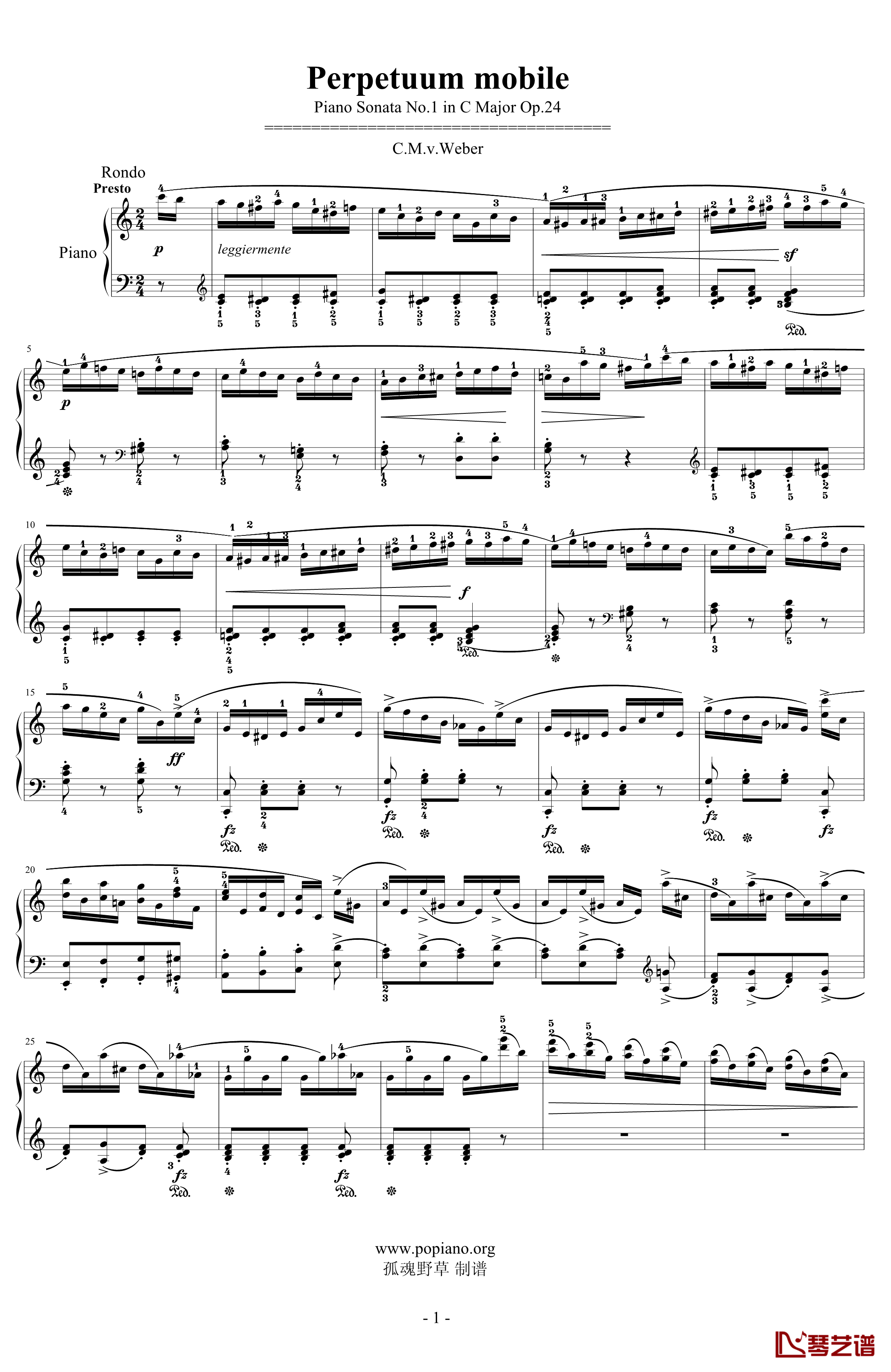 C大调第一钢琴奏鸣曲钢琴谱 Op.24 第四乐章 无穷动-韦伯1