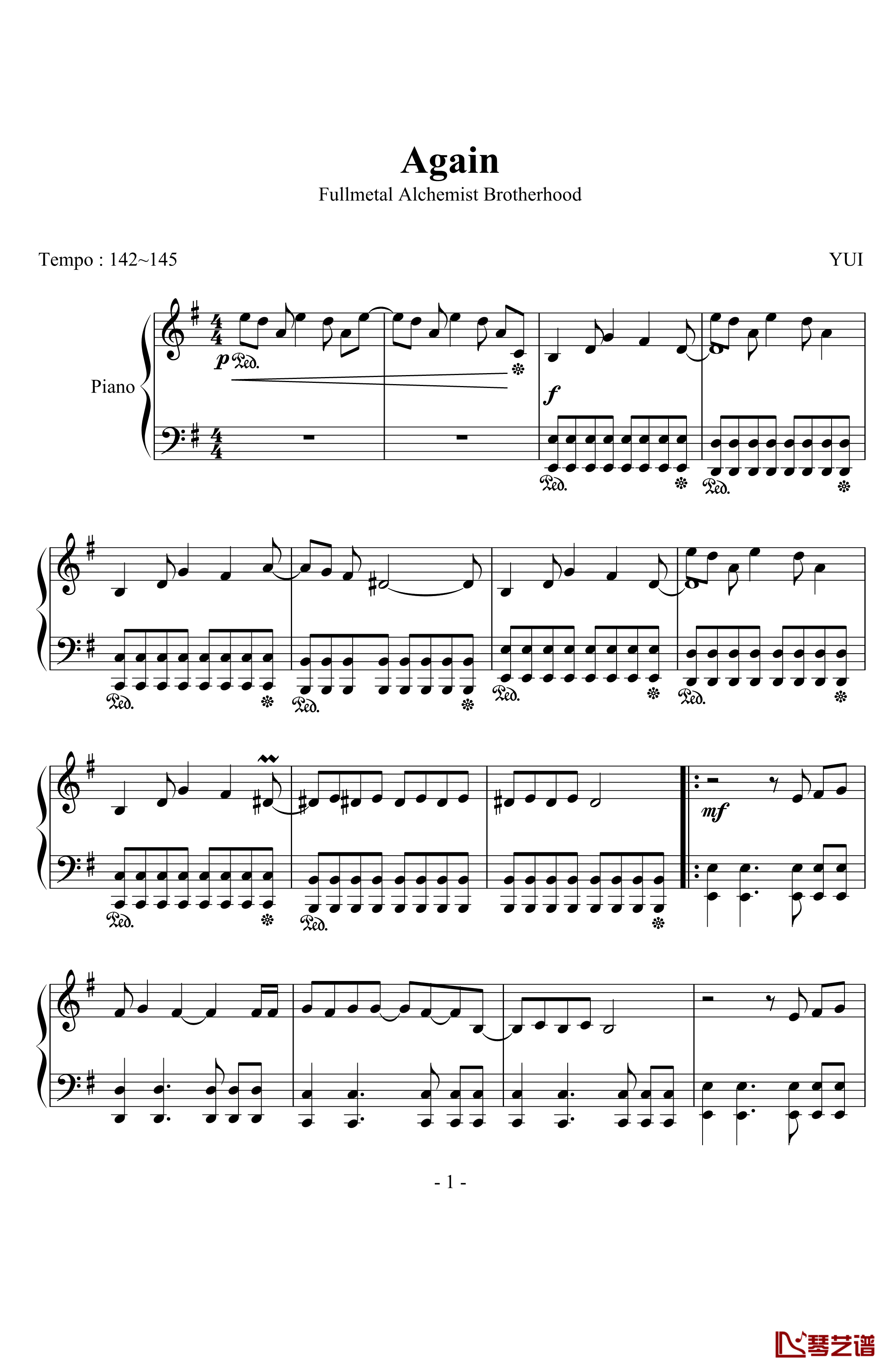 again钢琴谱-YUI1