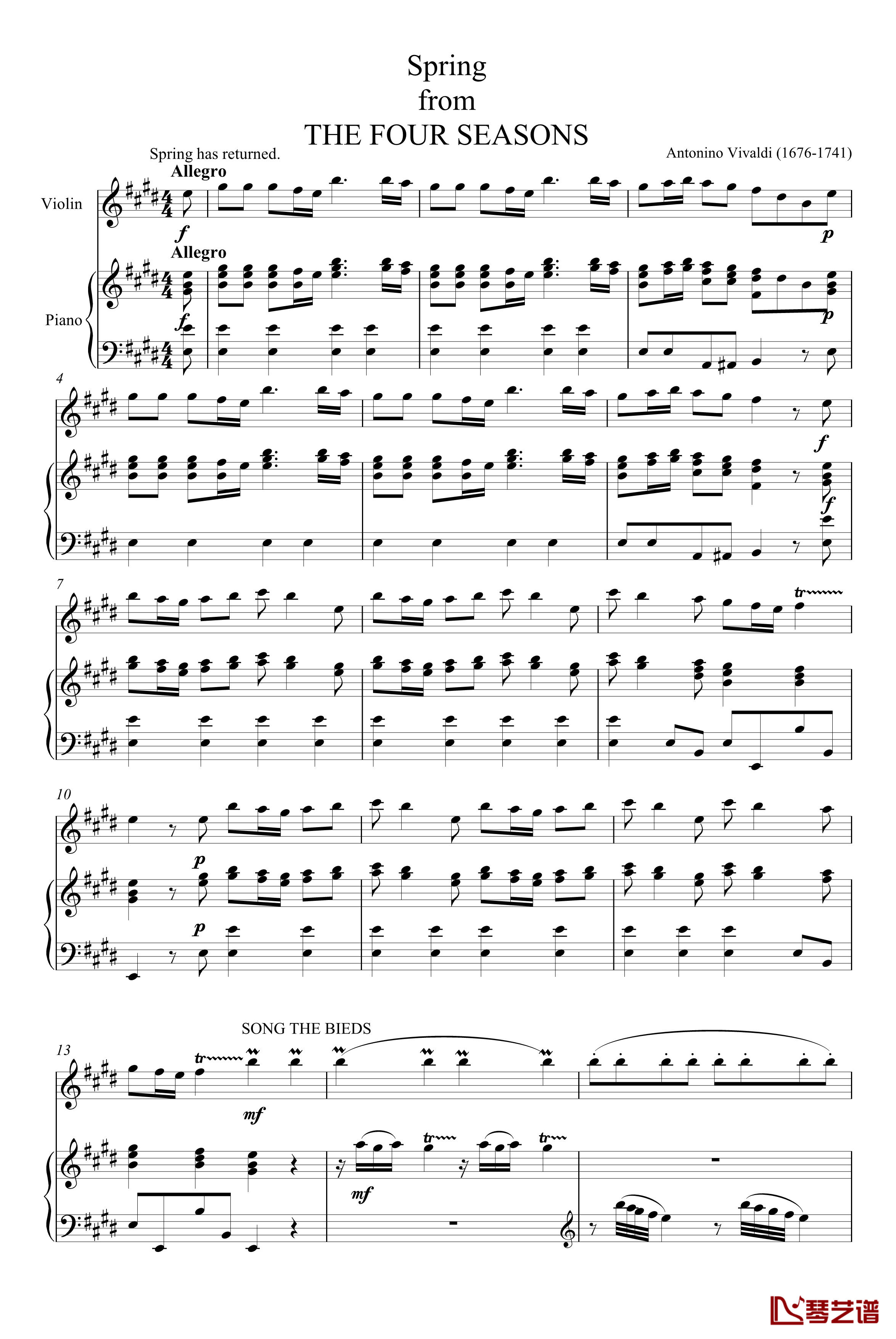 四季 春钢琴谱-维瓦尔第1