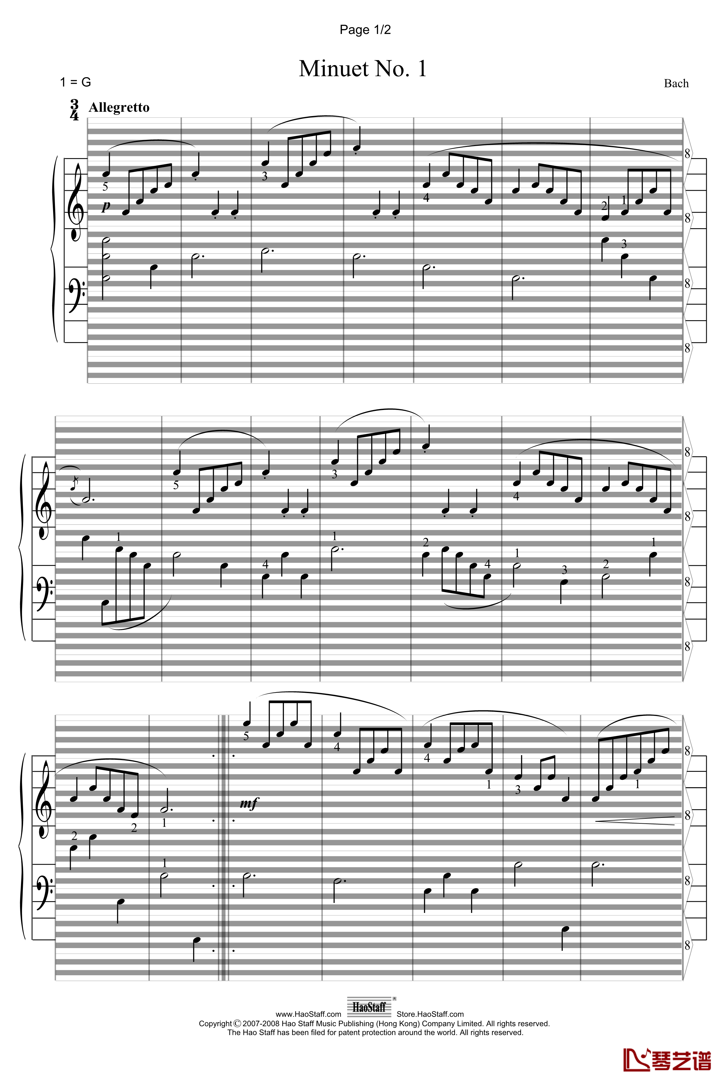 小步舞曲Minuet钢琴谱-郝氏谱-巴赫-P.E.Bach1