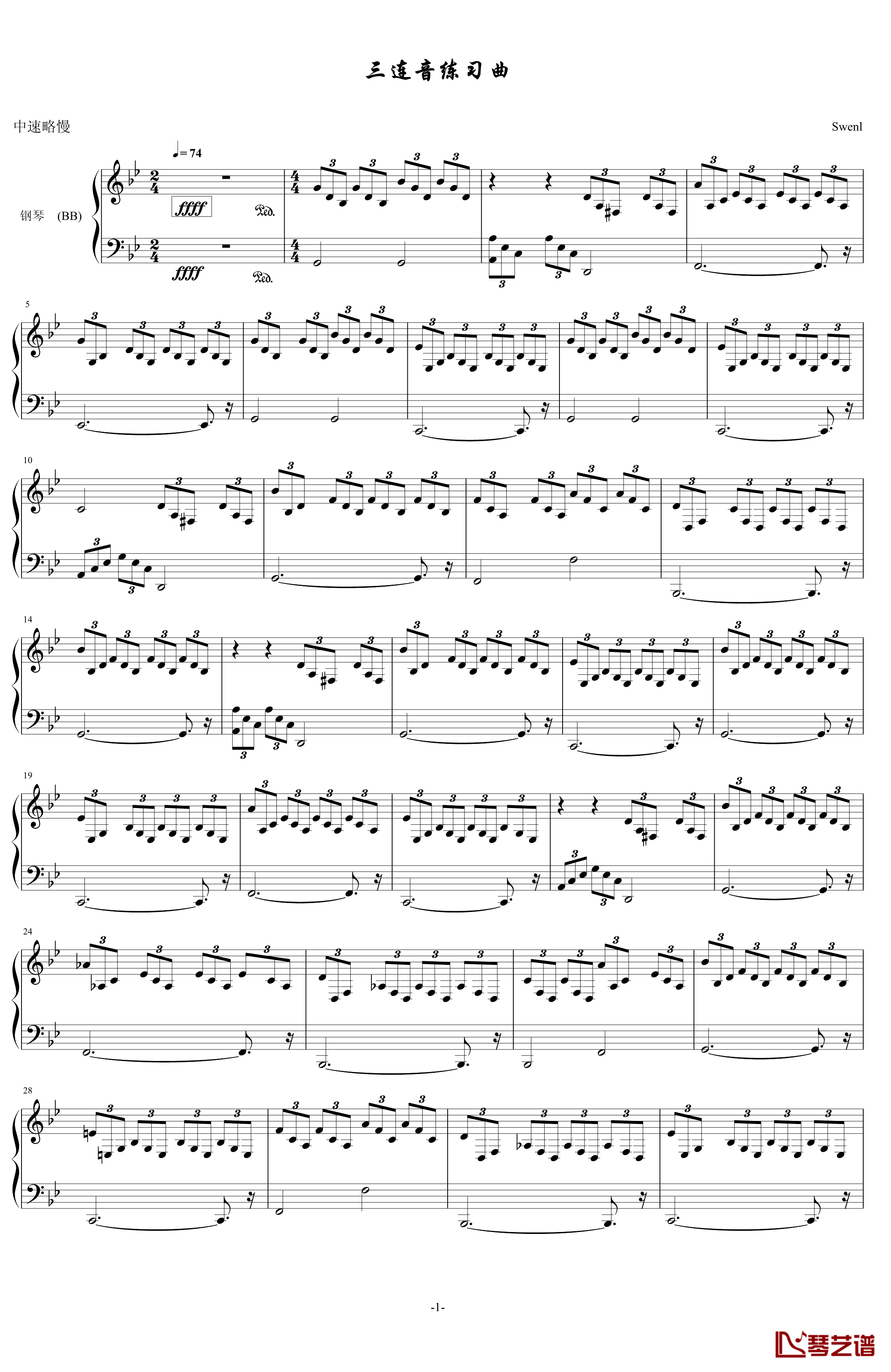 三连音练习曲钢琴谱-初学者简单版-swenl1