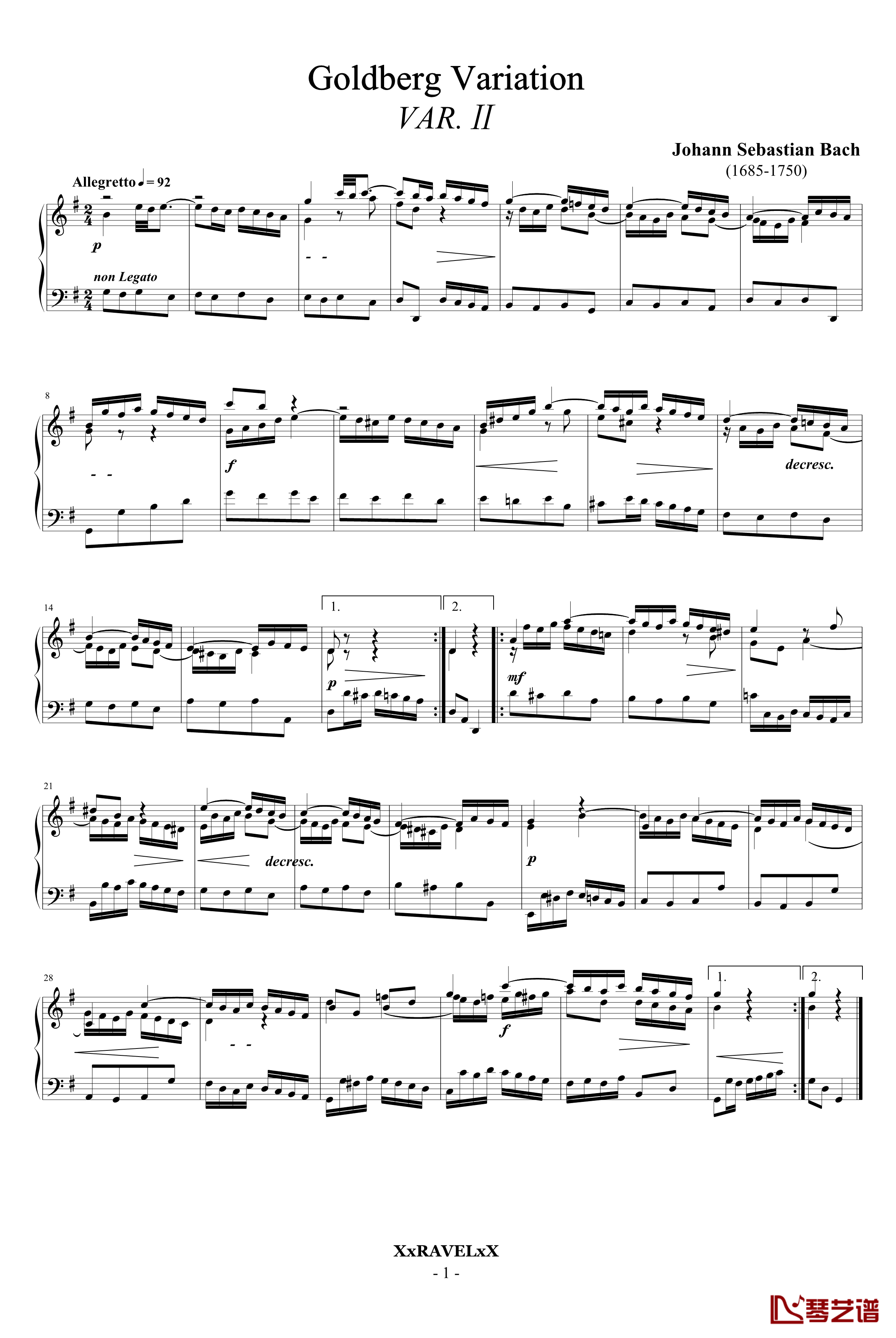 哥德堡变奏曲钢琴谱-Var.2-巴赫1