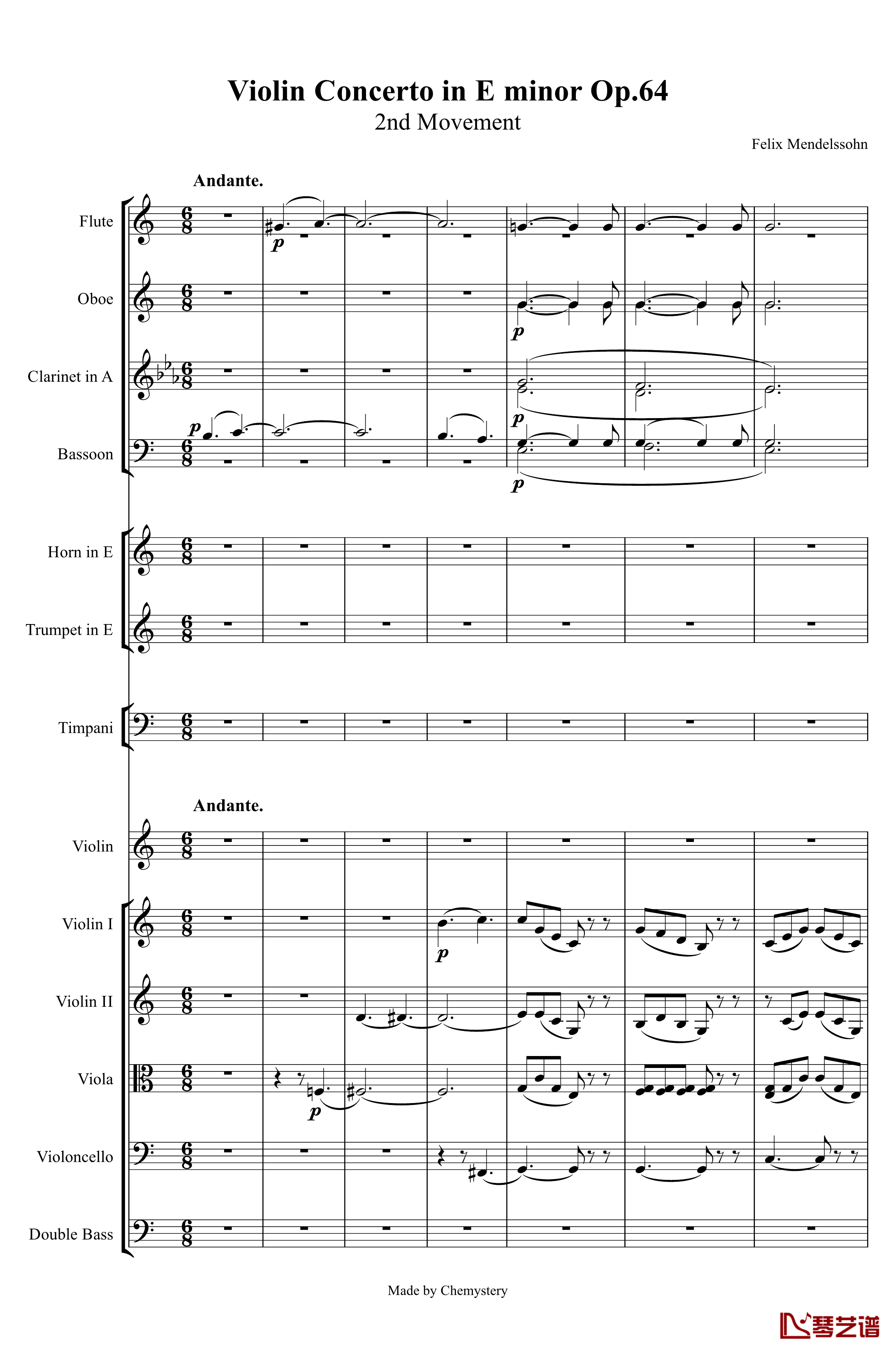 e小调小提琴协奏曲Op.64钢琴谱-第二乐章-Felix Mendelssohn1