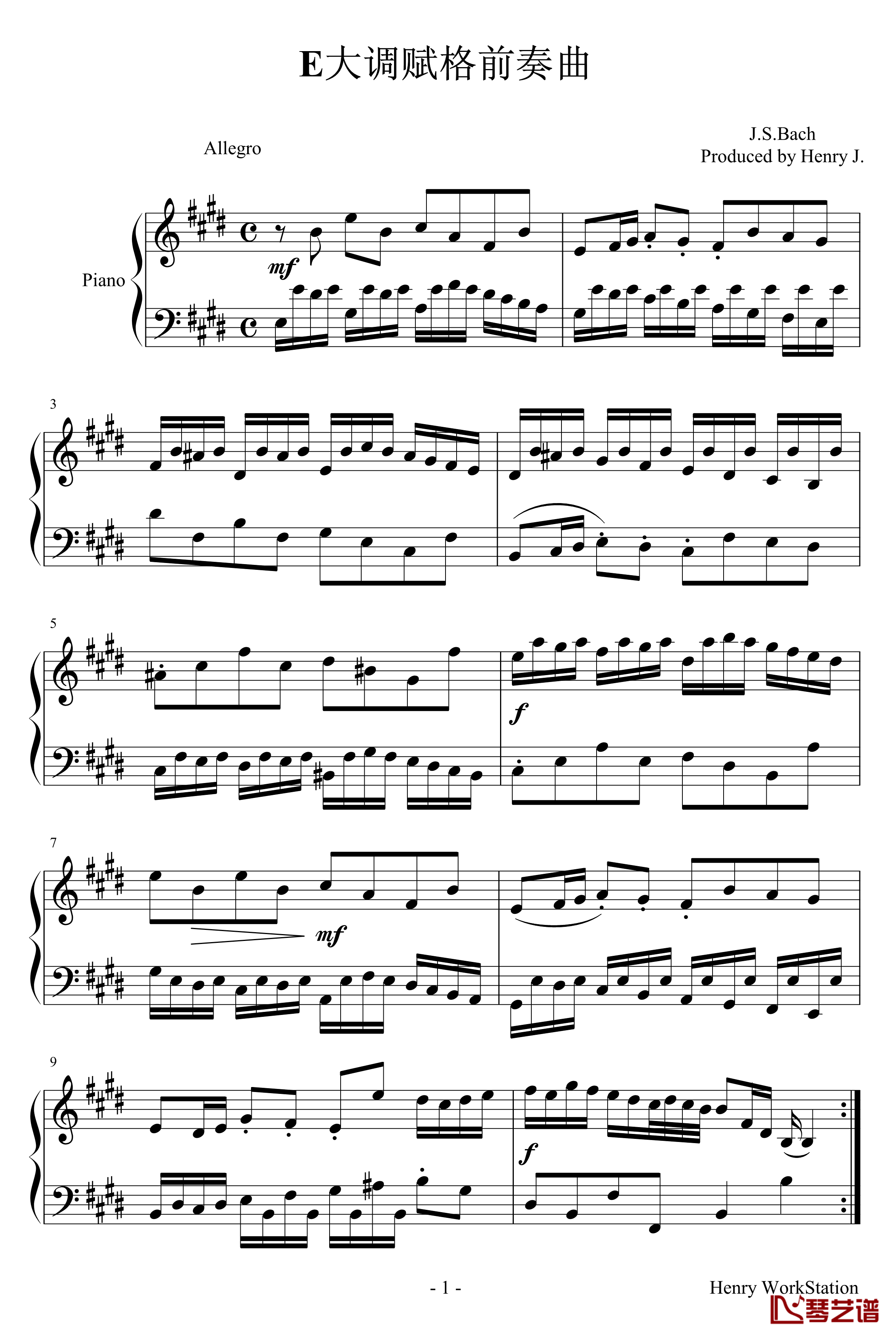 E大调赋格钢琴谱-巴赫-P.E.Bach1
