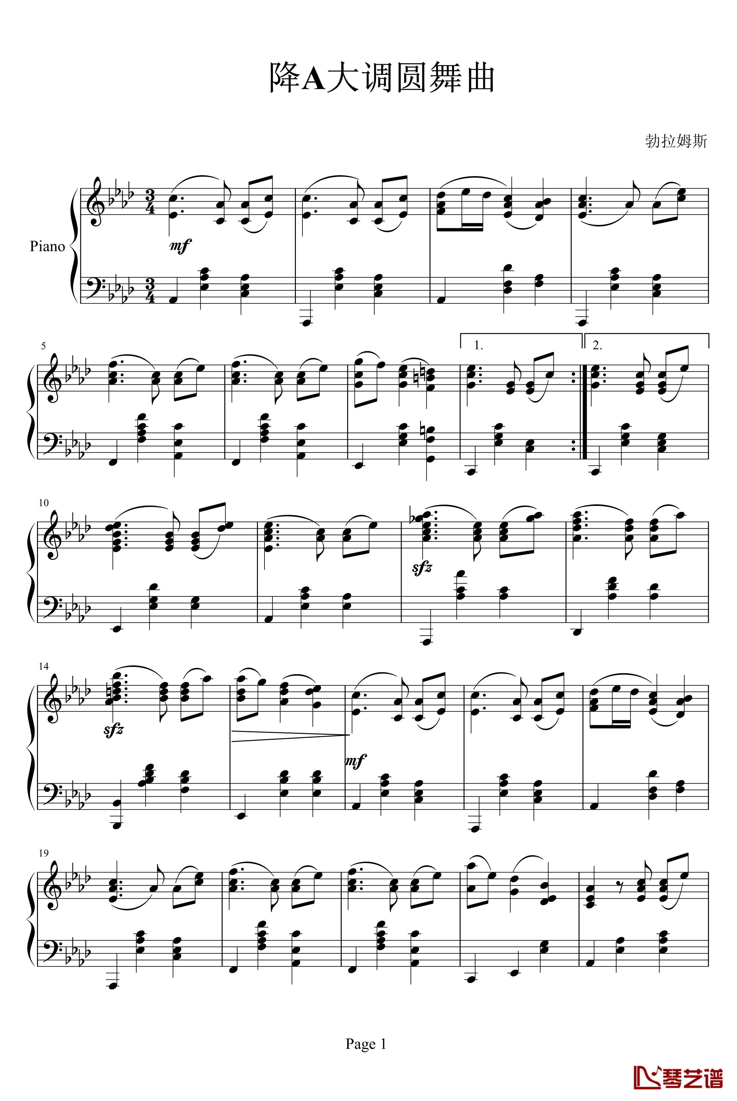 降A大调圆舞曲Op39NO.15钢琴谱-勃拉姆斯-Brahms1