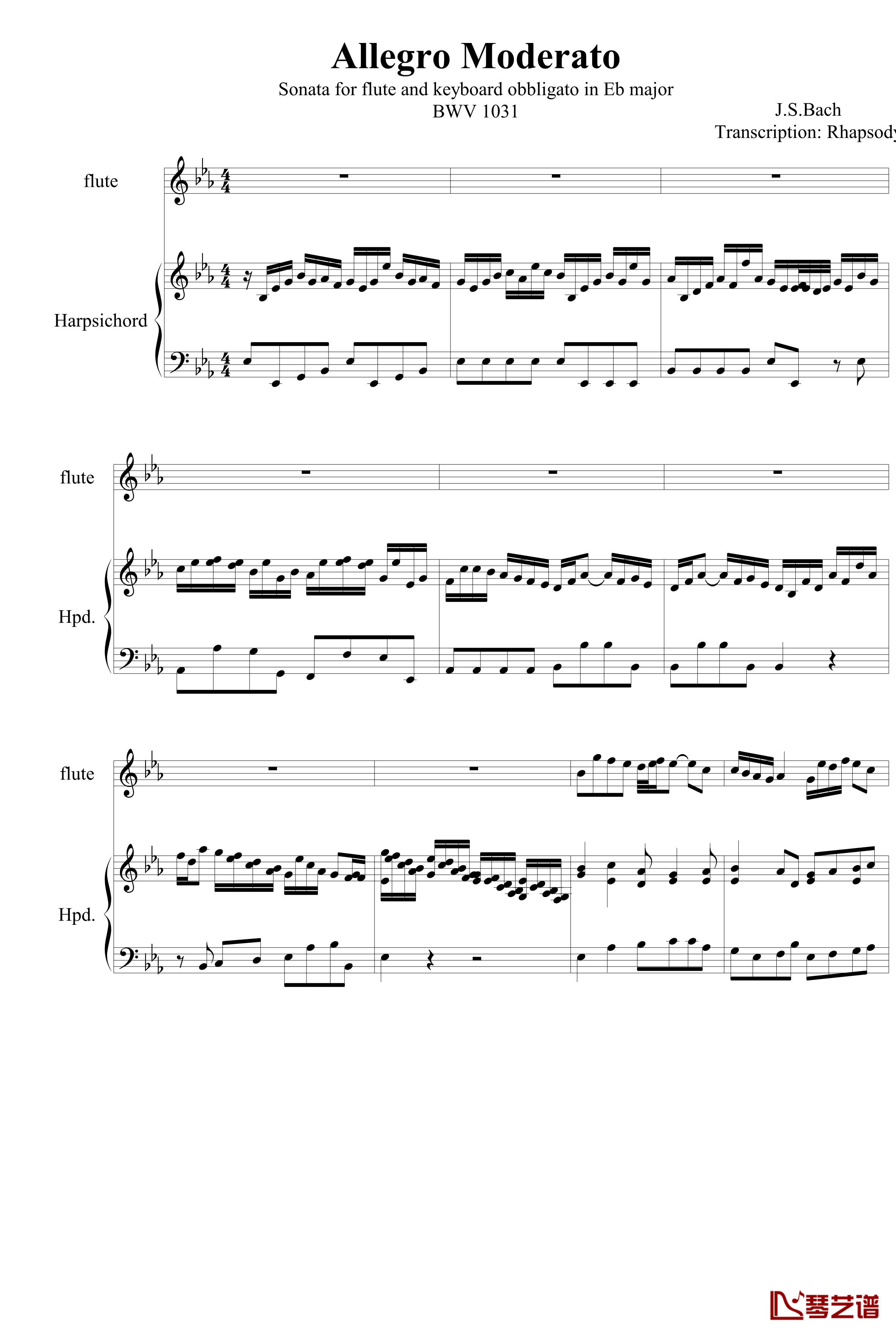羽管键琴协奏曲BWV1031第一乐章钢琴谱-巴赫-P.E.Bach1