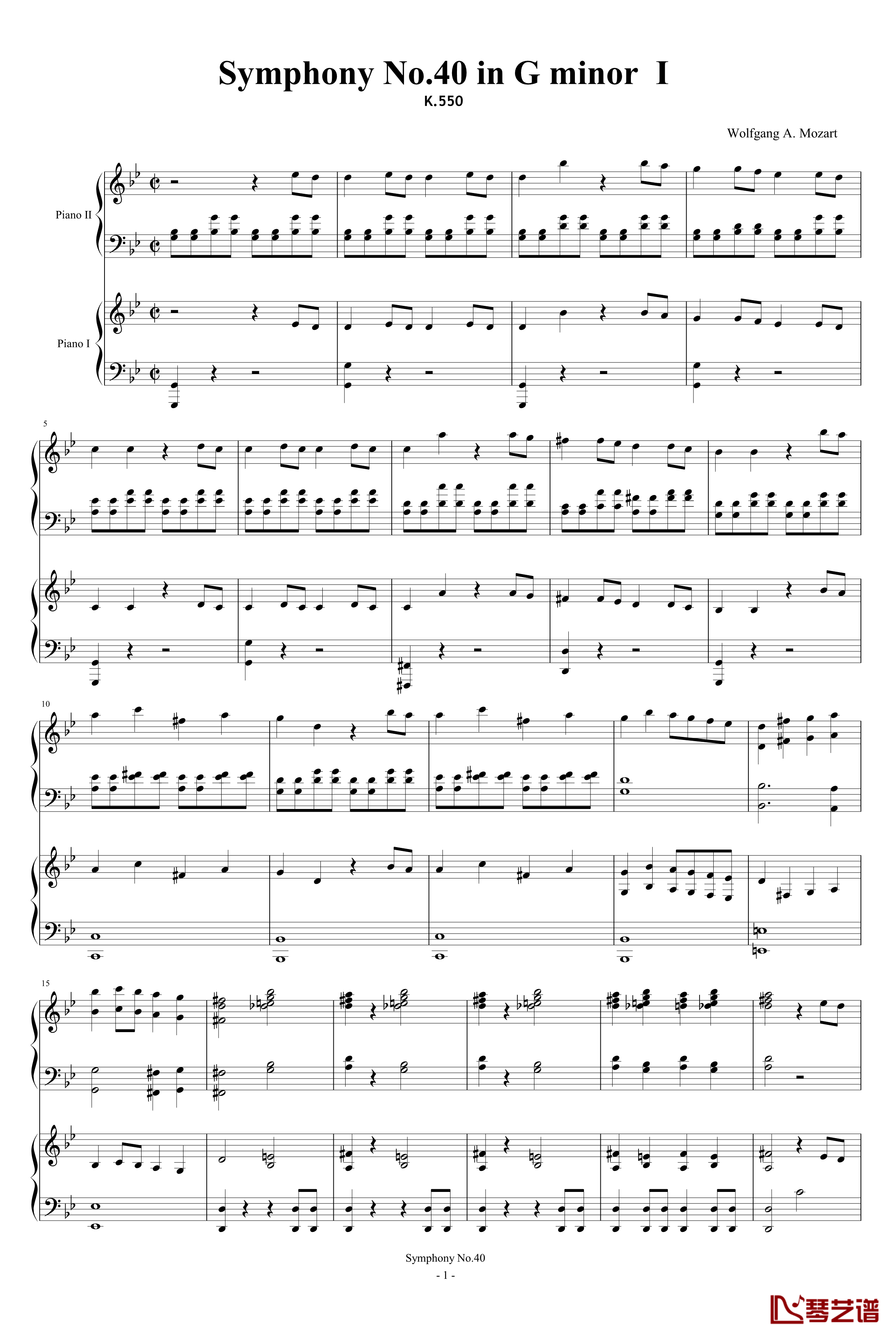 第四十号交响曲第一乐章钢琴谱-双钢琴-莫扎特1