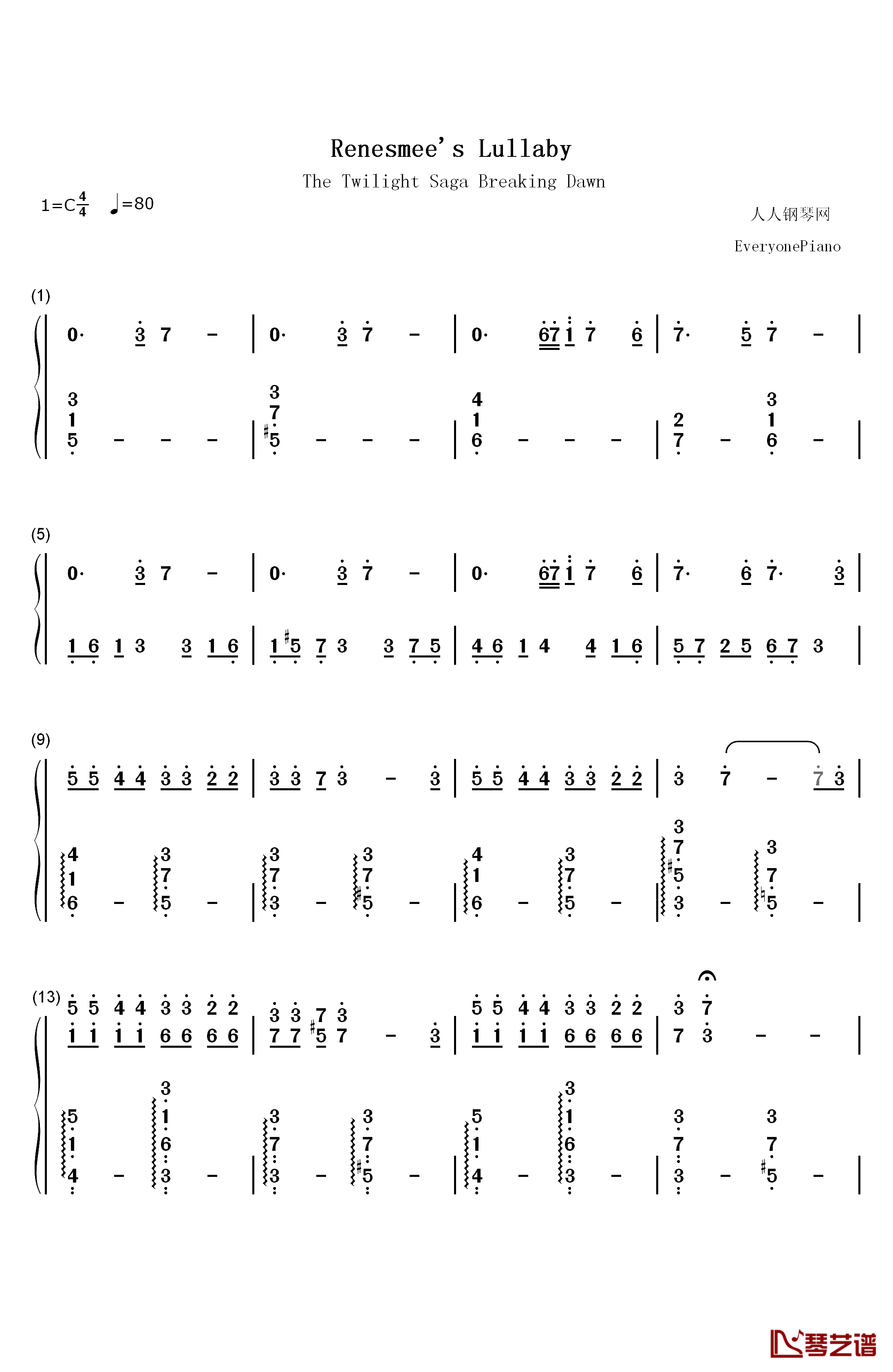 Renesmee's Lullaby钢琴简谱-数字双手-Carter Burwell1