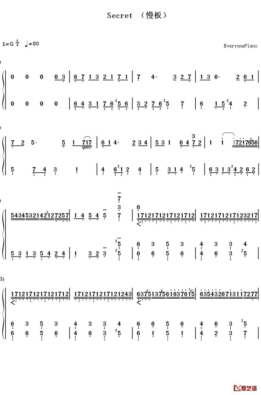 secret（慢板）钢琴简谱-数字双手-周杰伦1