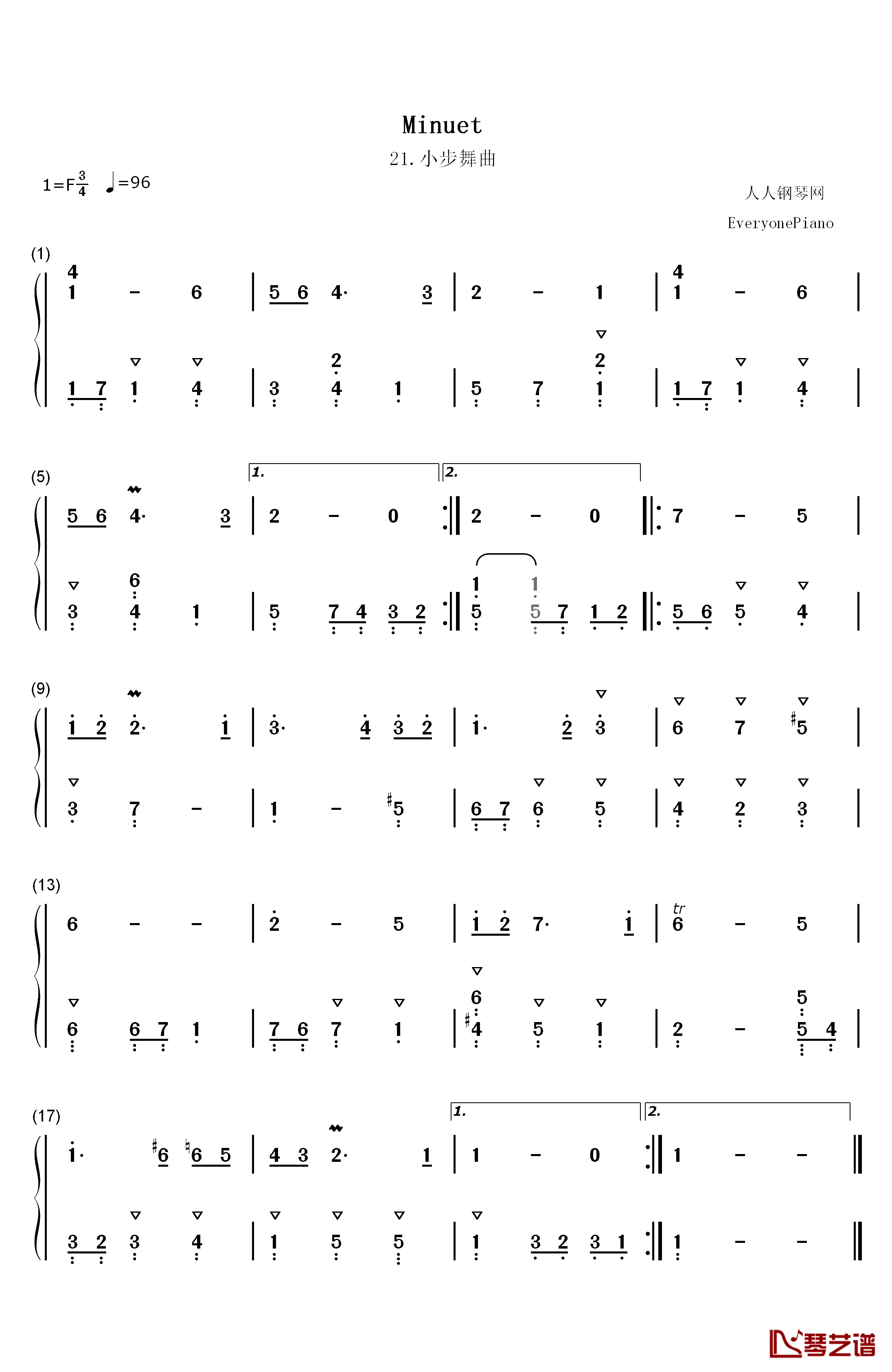 小步舞曲 21钢琴简谱-数字双手-巴赫1