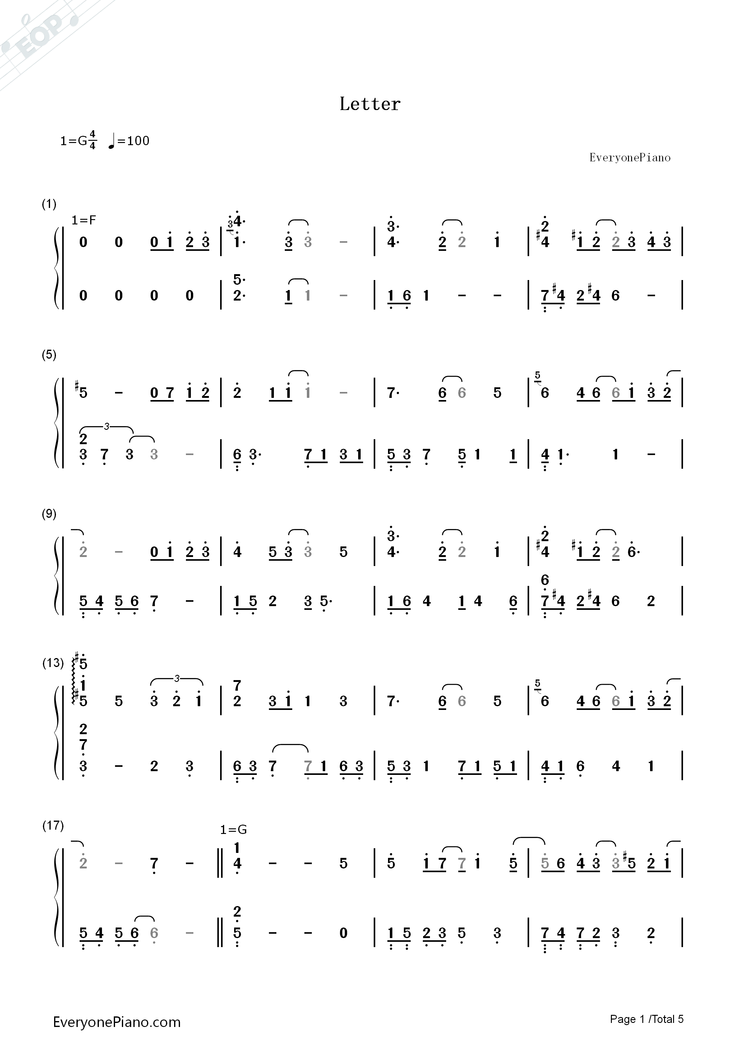 Letter钢琴简谱-Yiruma演唱1
