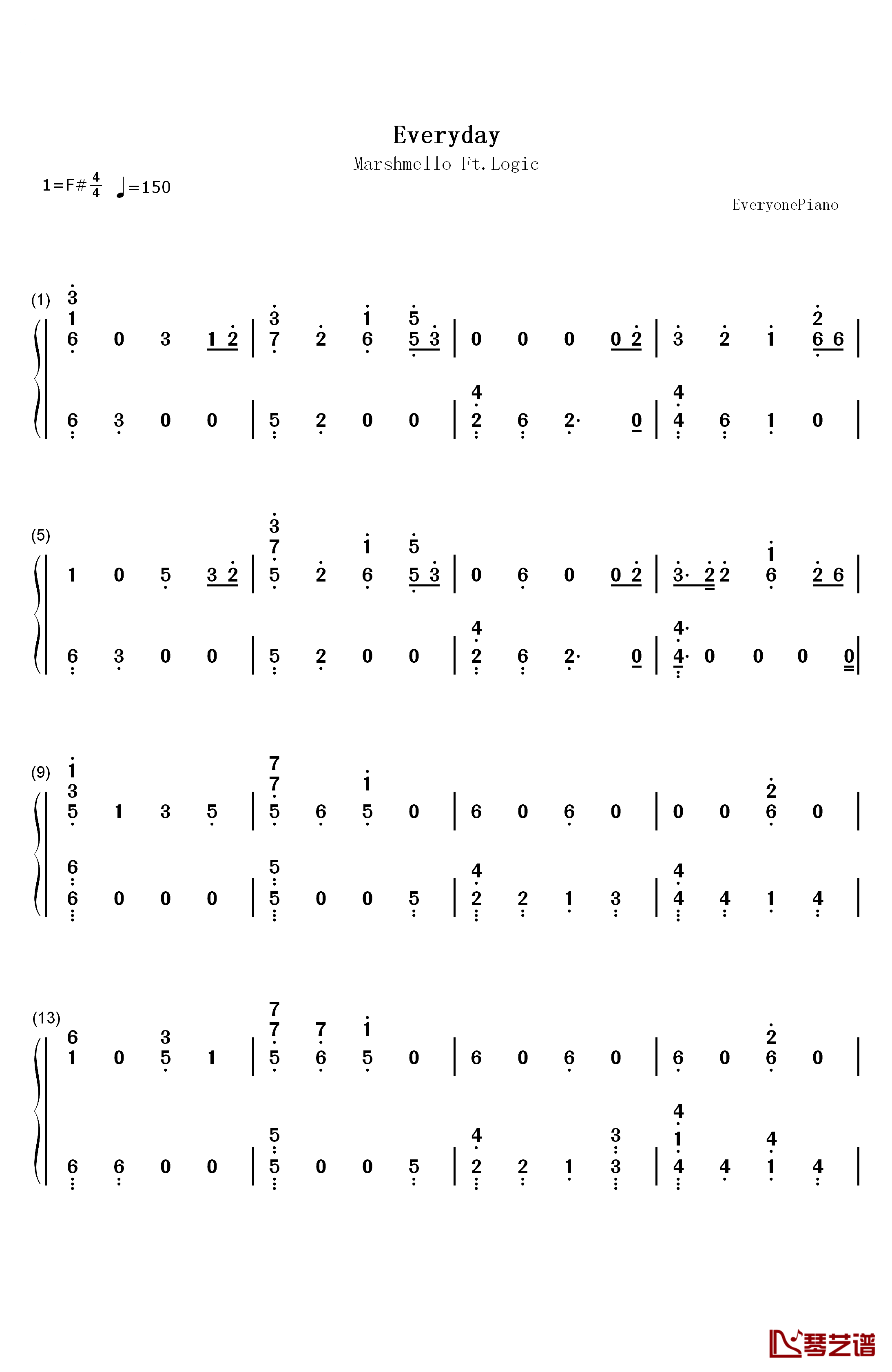Everyday钢琴简谱-数字双手-Marshmello Logic1